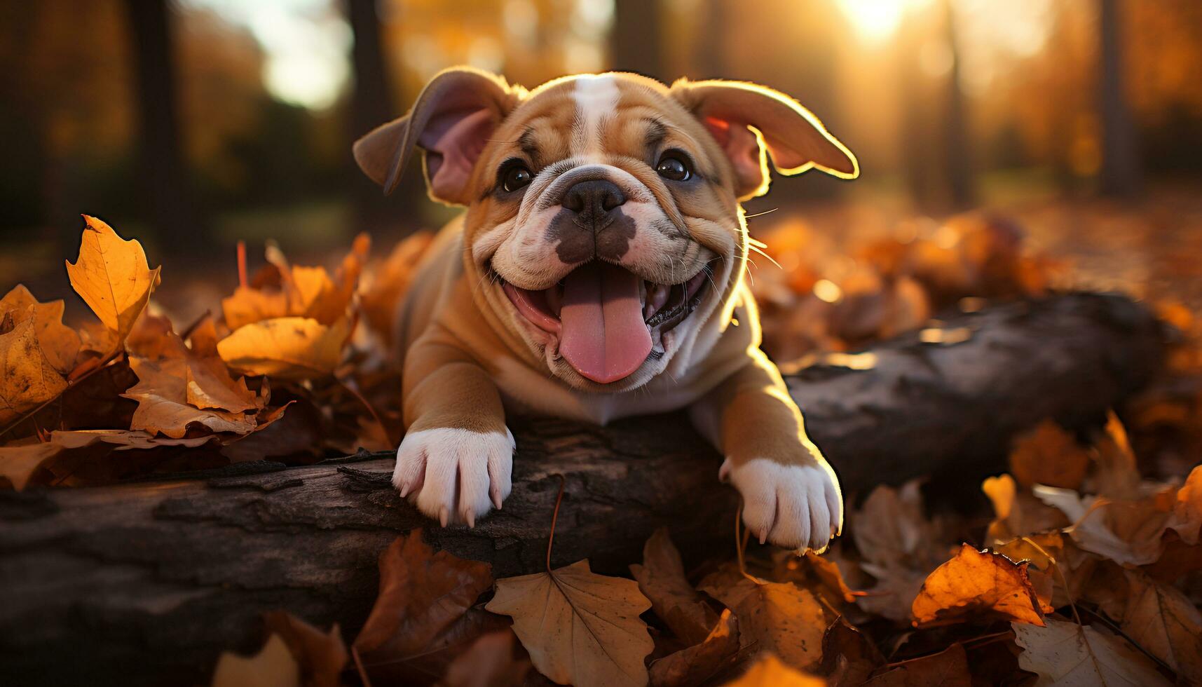 Cute bulldog puppy playing in autumn forest, pure joy and happiness generated by AI photo