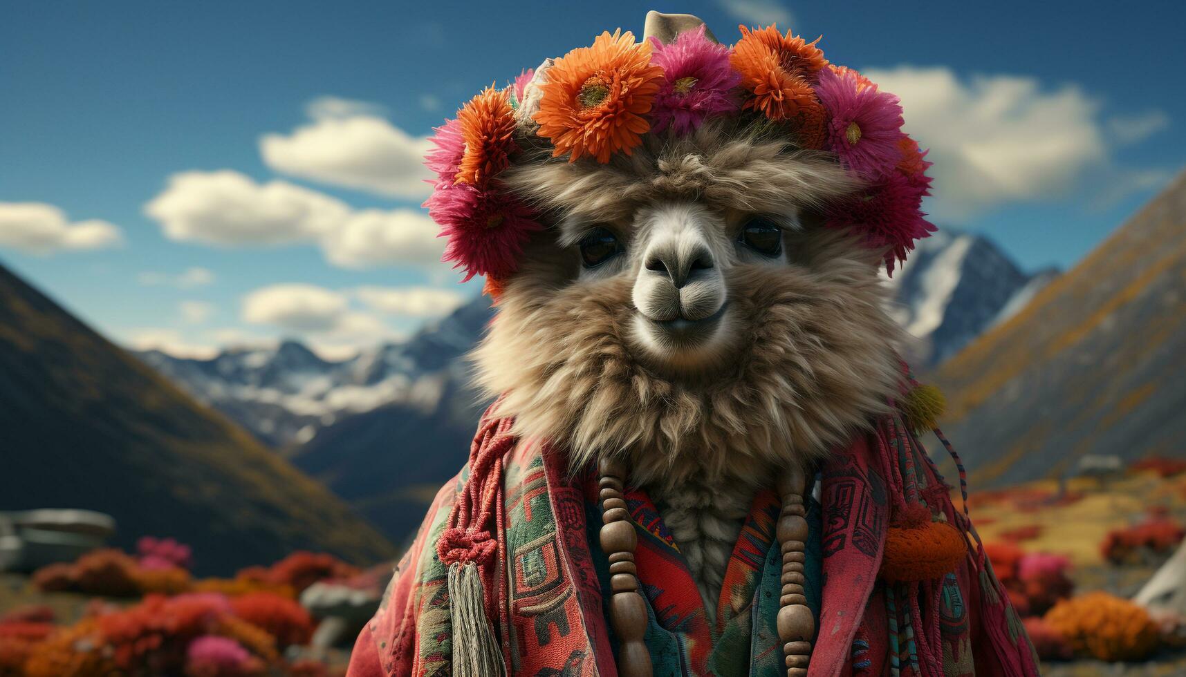 Cute alpaca with woolly fur in snowy mountain landscape generated by AI photo