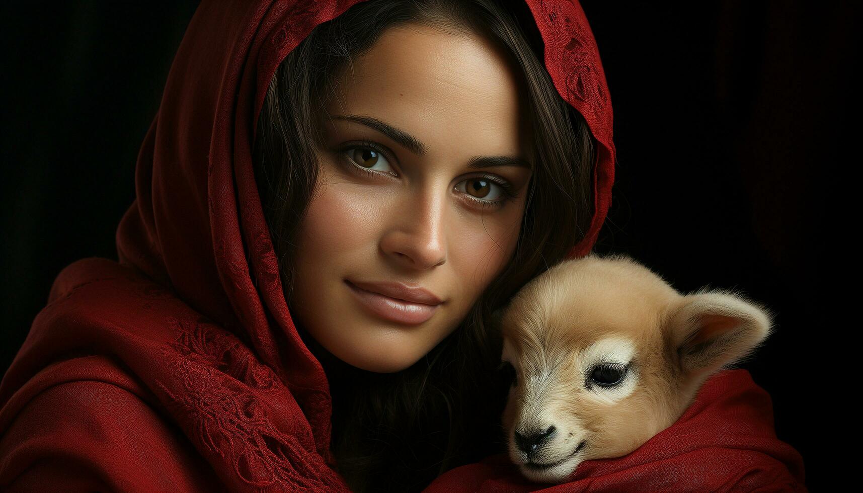 Cute portrait of a smiling woman with a small dog generated by AI photo