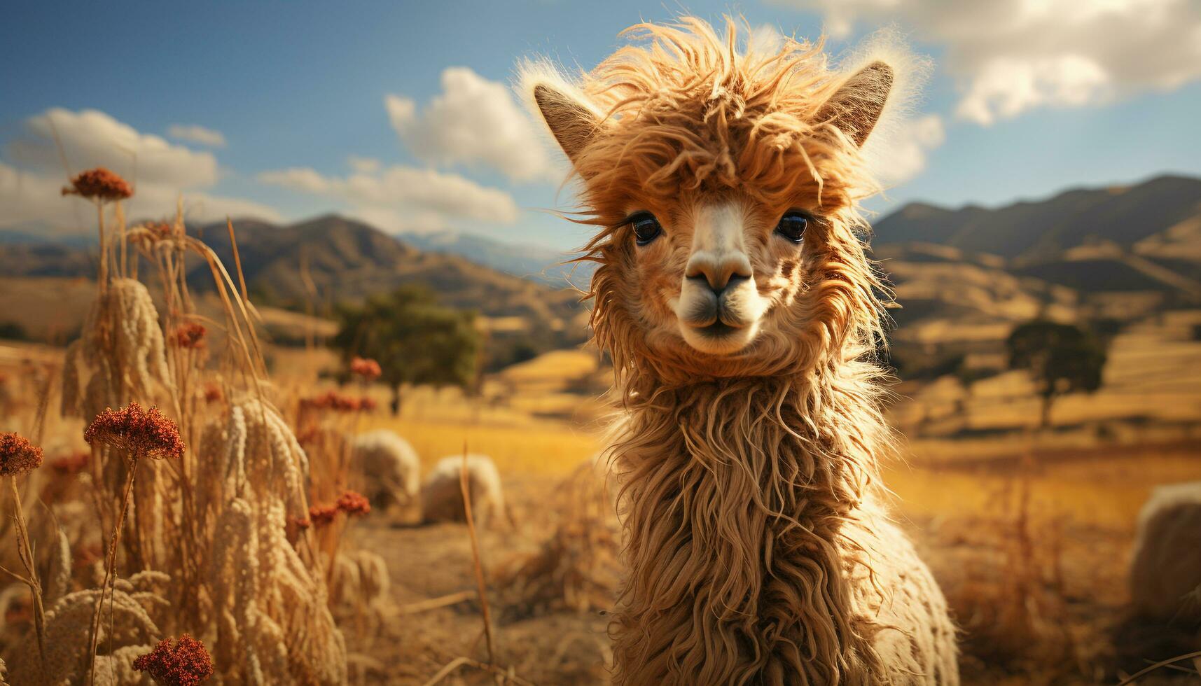 linda alpaca en un granja, disfrutando el verano prado generado por ai foto