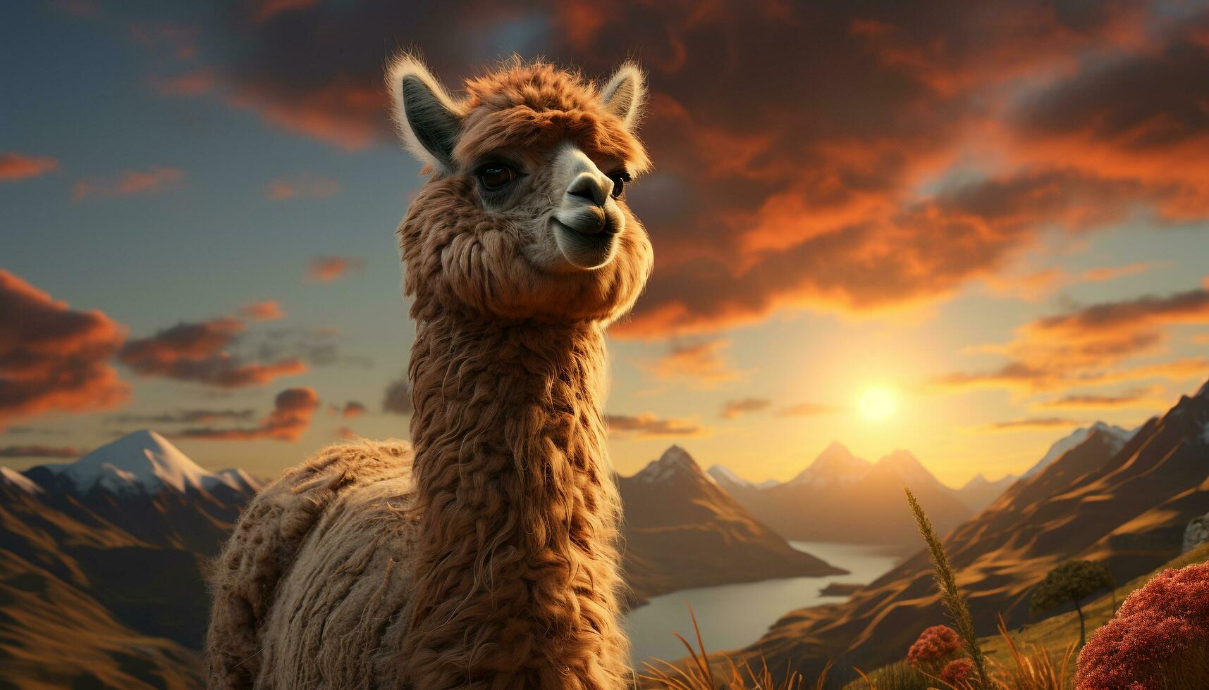 Alpaca farm, sunset landscape, mammal looking at camera, wool adventure generated by AI photo