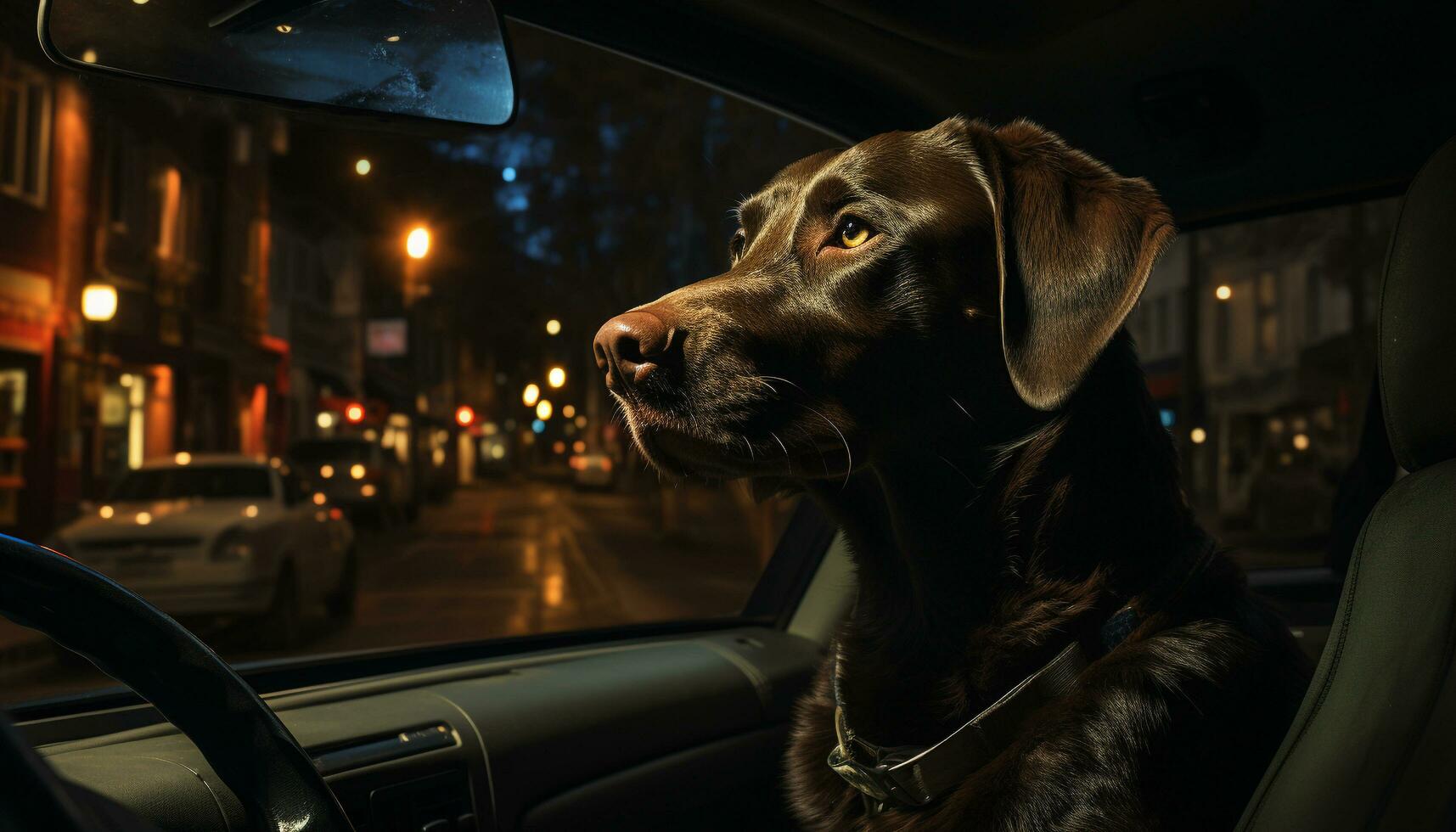 Cute puppy sitting in car, looking at city lights generated by AI photo