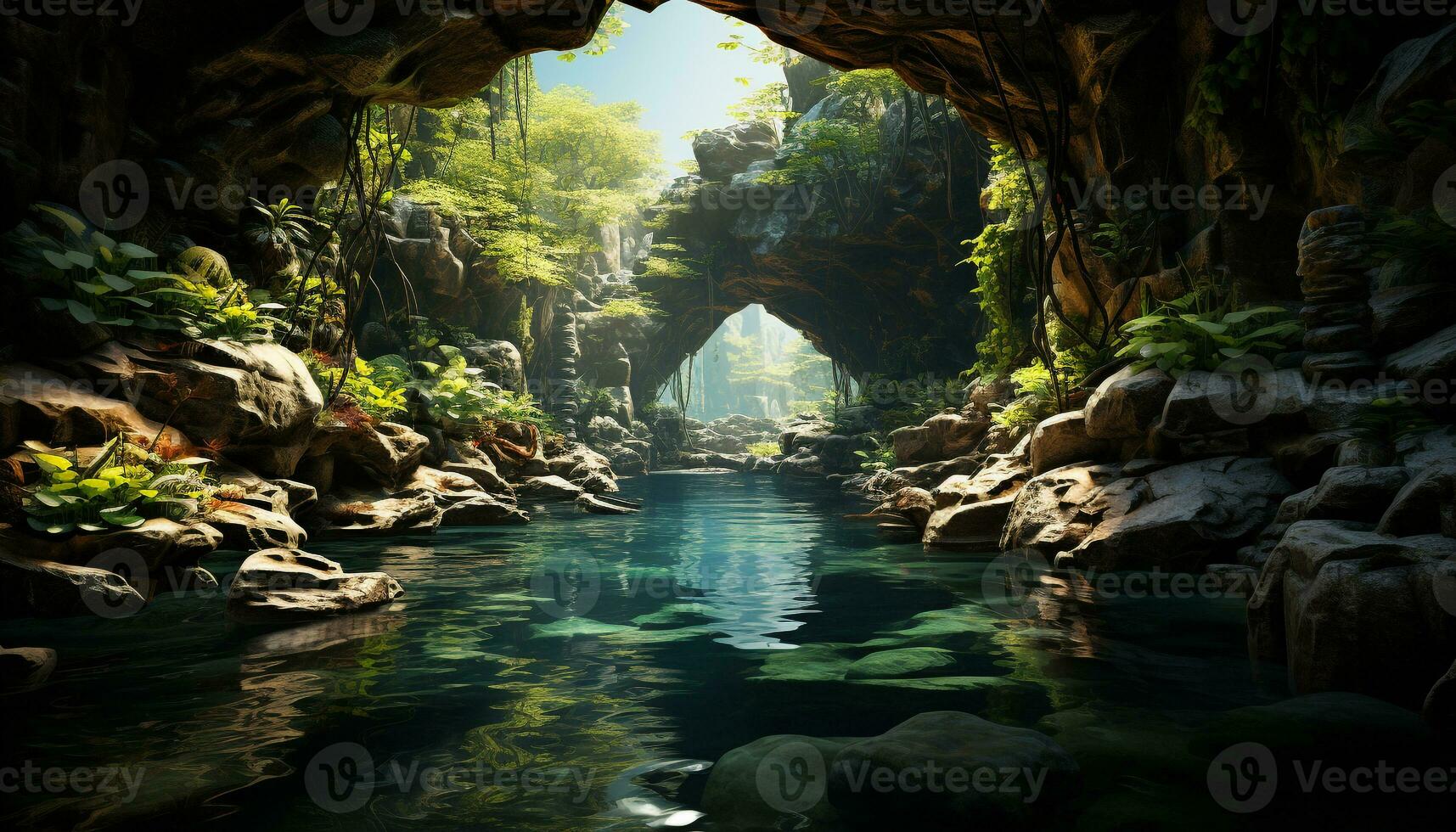 Tranquil scene of a tropical rainforest, flowing water, and limestone generated by AI photo