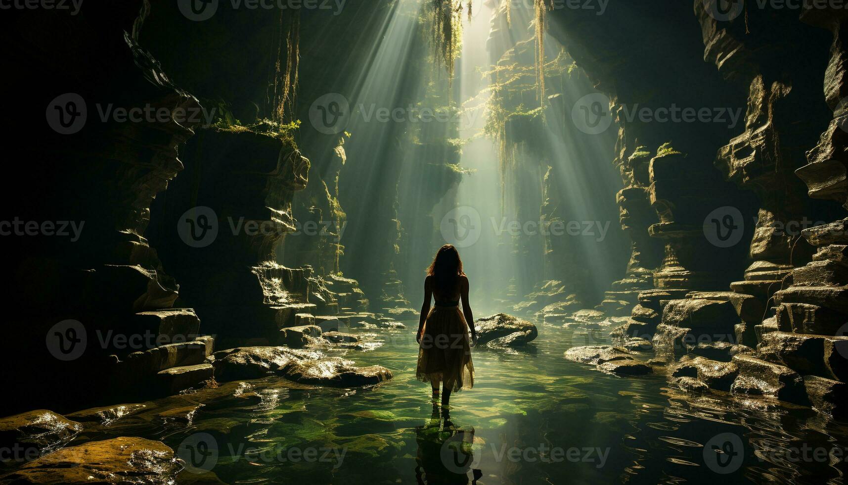 Silhouette of men and women walking in dark, mysterious underwater landscape generated by AI photo