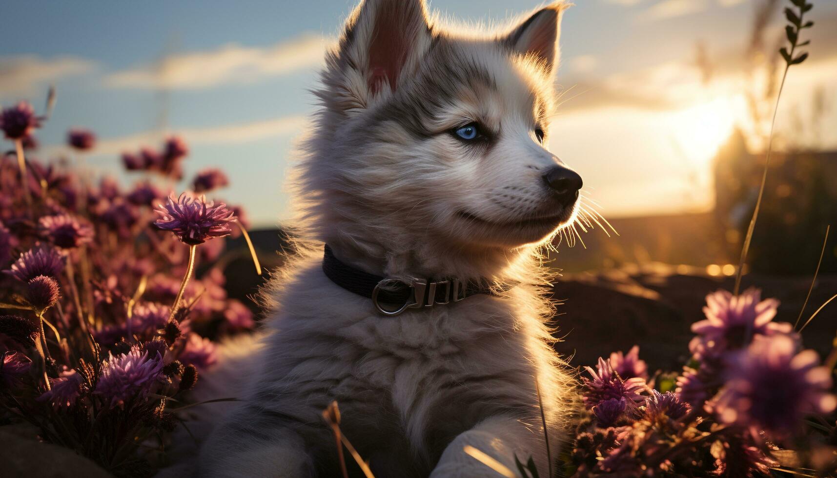 Cute puppy sitting in meadow, enjoying nature beauty and friendship generated by AI photo