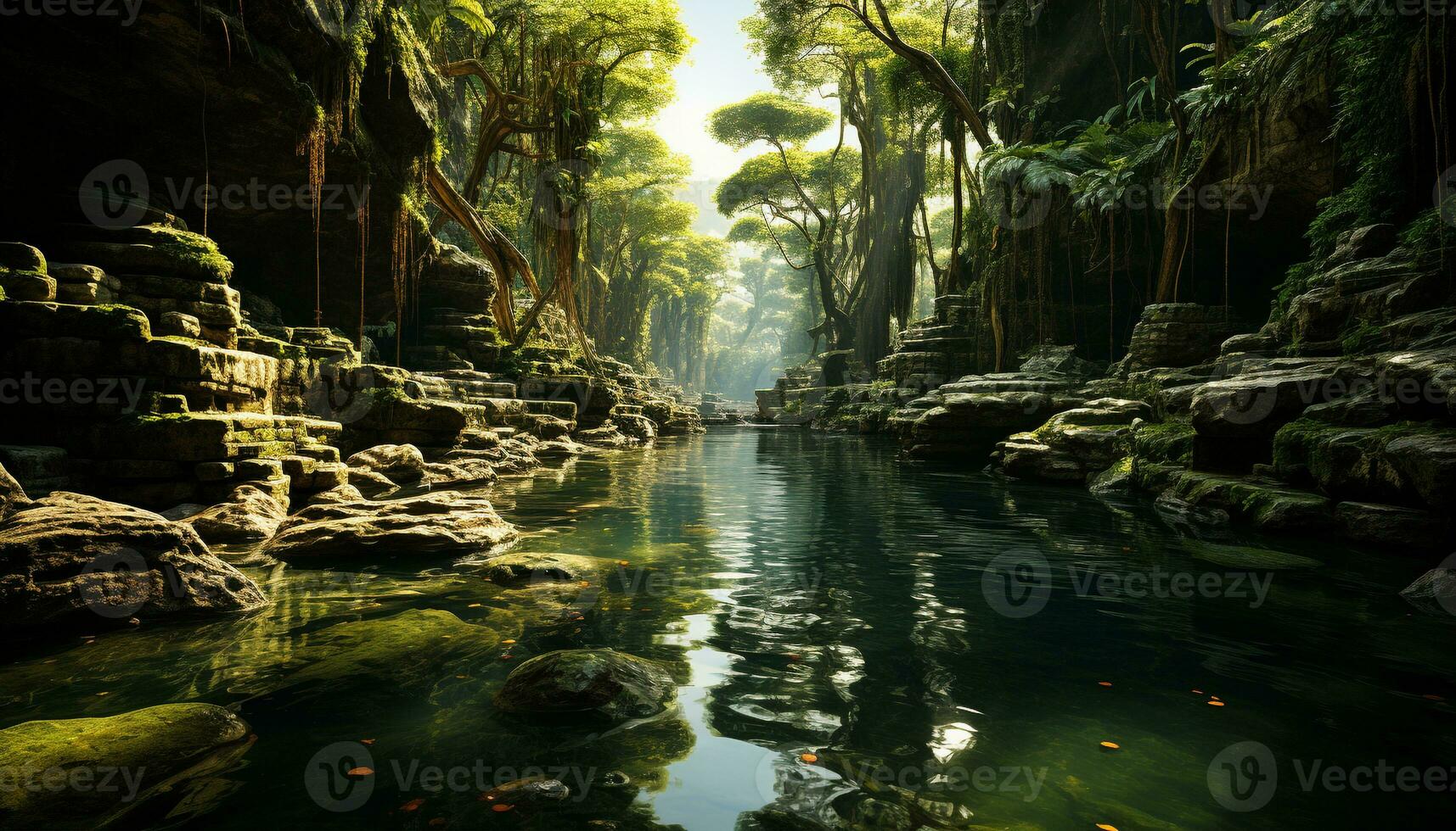 Tranquil scene of a tropical rainforest, flowing water, and green foliage generated by AI photo