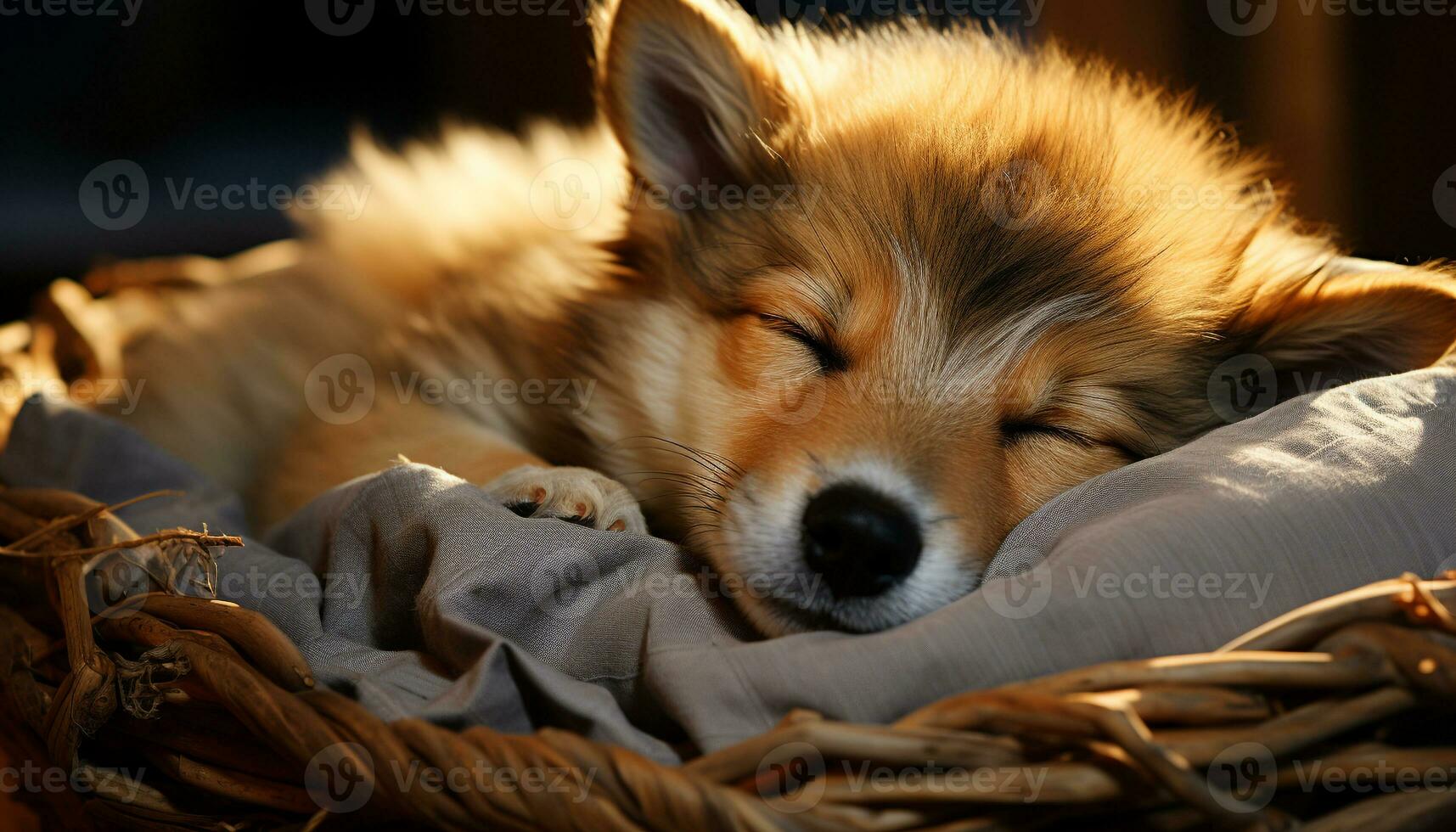 Cute puppy playing, resting, and sleeping on soft grass generated by AI photo