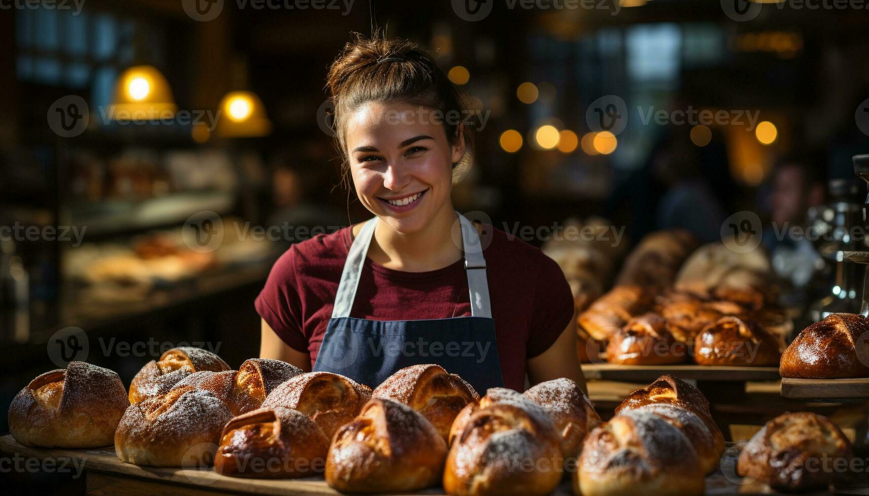 Smiling adult owner, cheerful and confident, standing in bakery generated by AI photo