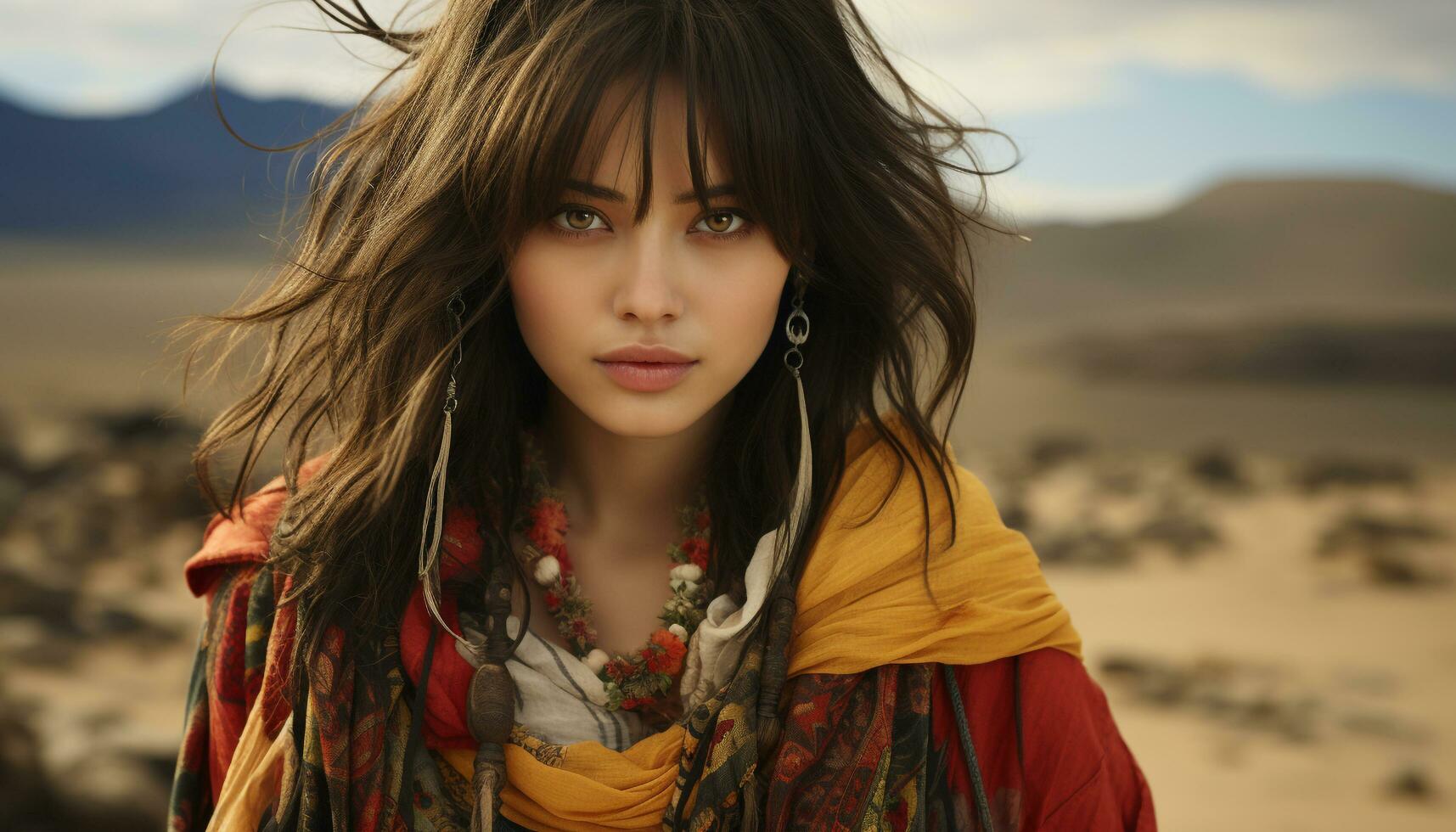 Young woman with long brown hair, standing outdoors, looking at camera generated by AI photo