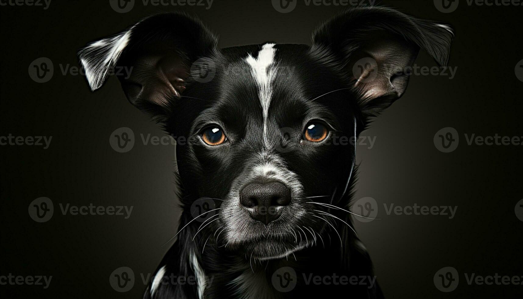 Cute puppy sitting, looking at camera, black background, loyal friend generated by AI photo