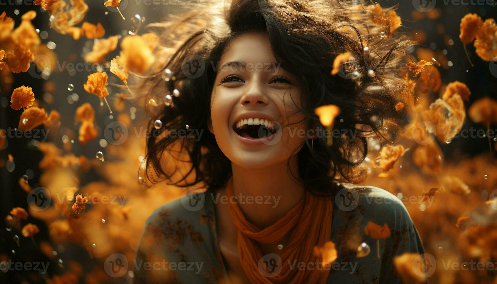 Young woman smiling, enjoying autumn outdoors, carefree and playful generated by AI photo