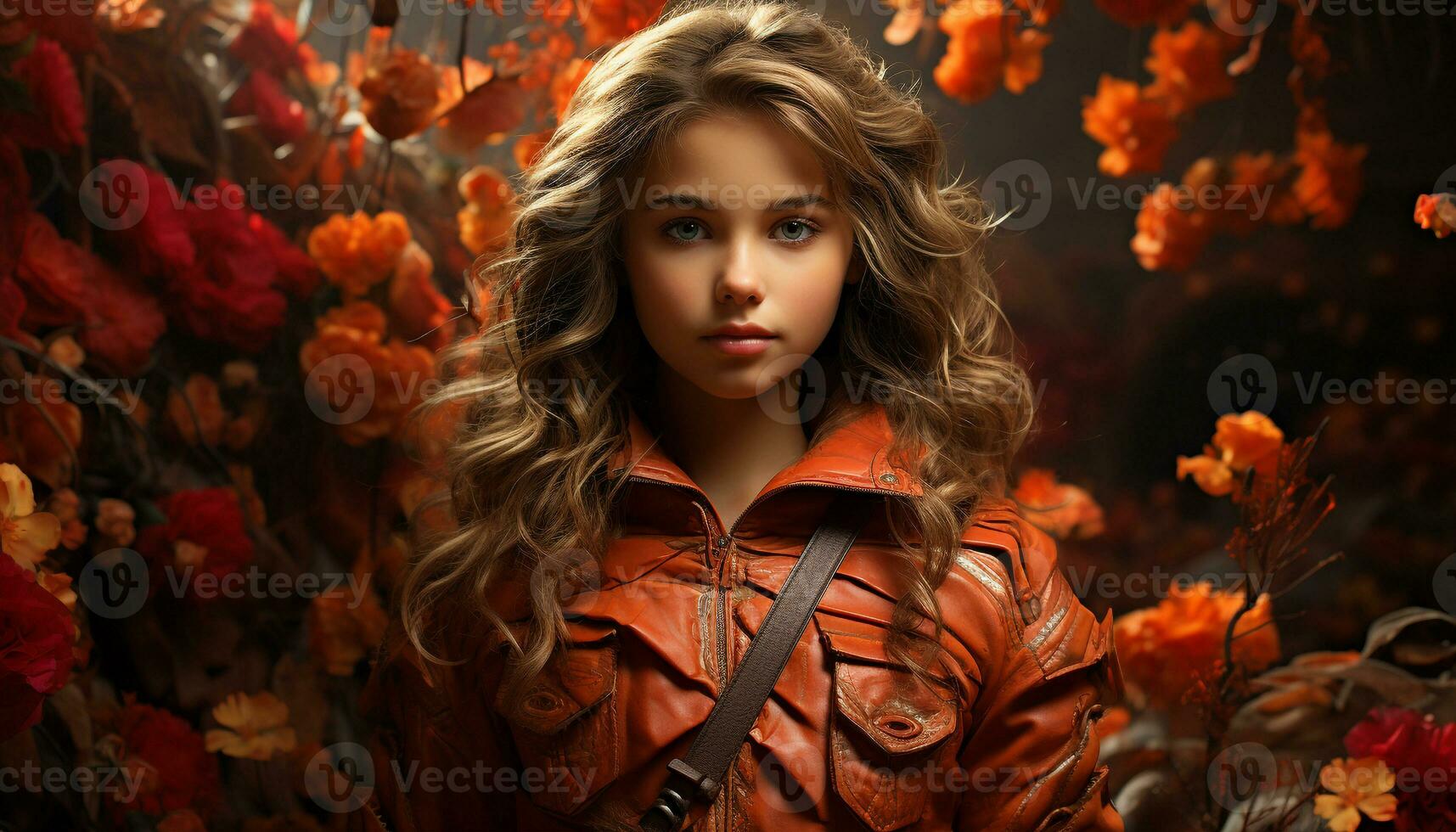 Young woman in autumn forest, smiling, looking at camera generated by AI photo