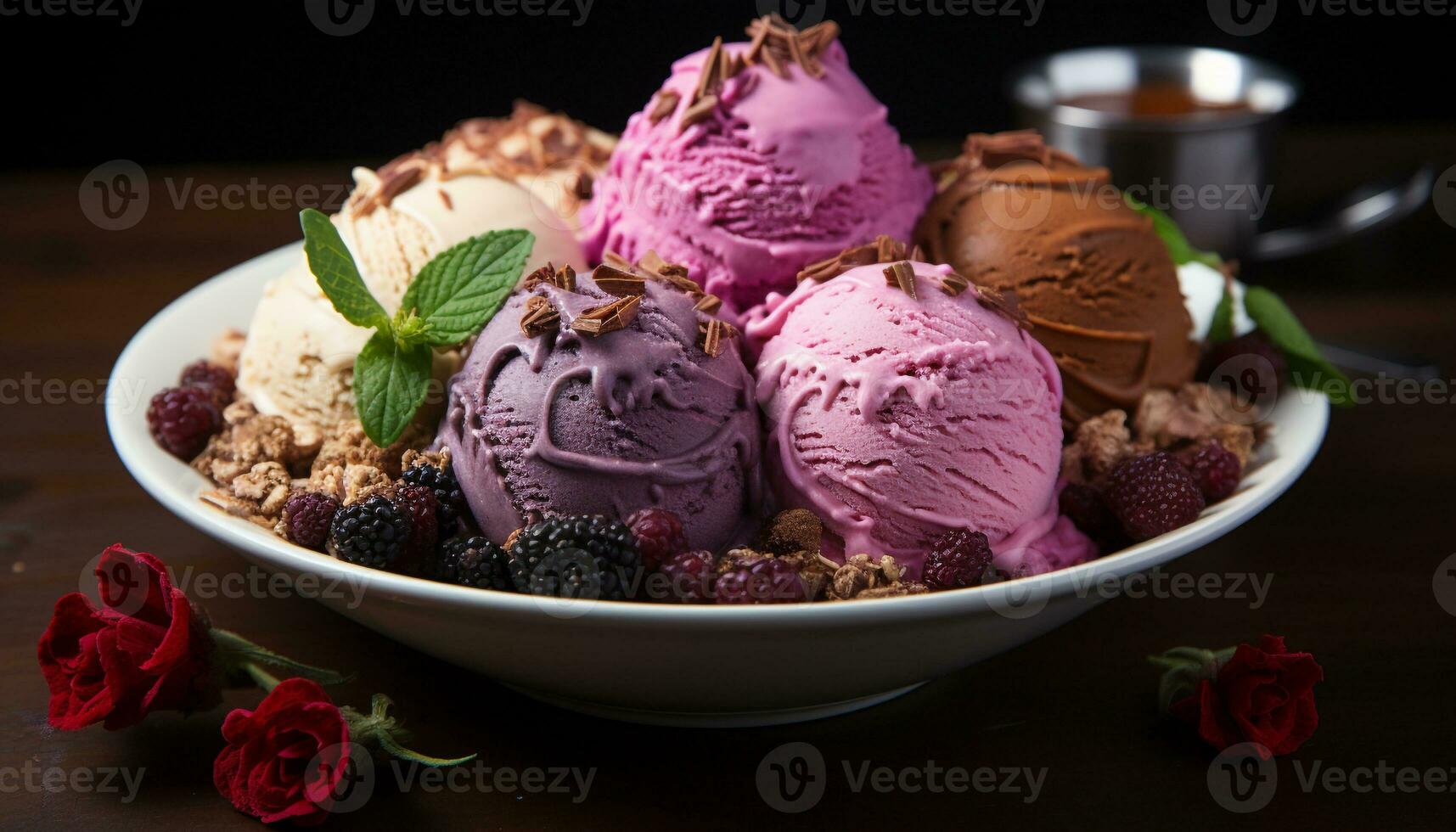 A refreshing summer dessert frozen yogurt with berry and mint generated by AI photo