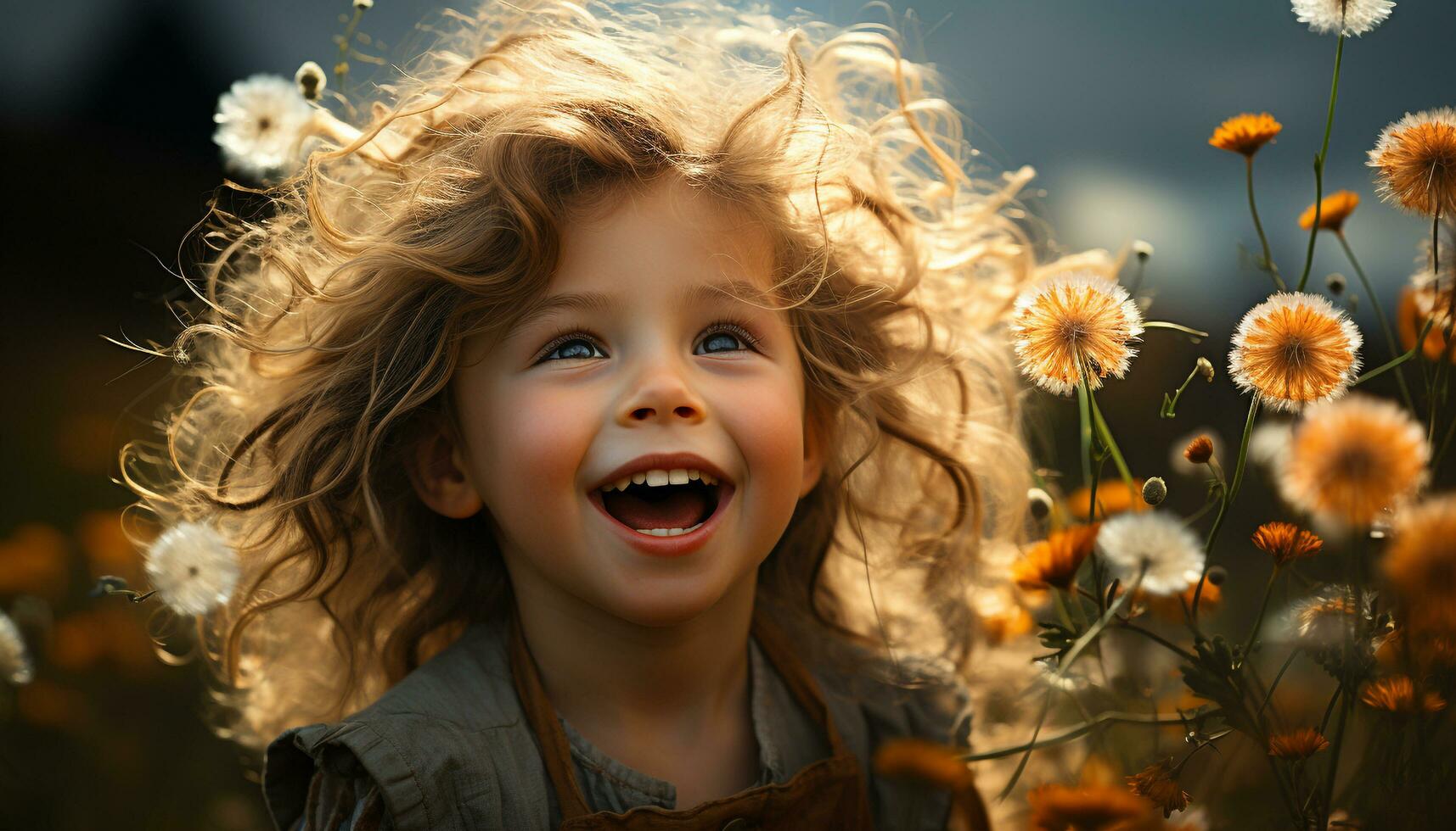 Cute girl playing in meadow, enjoying nature cheerful beauty generated by AI photo