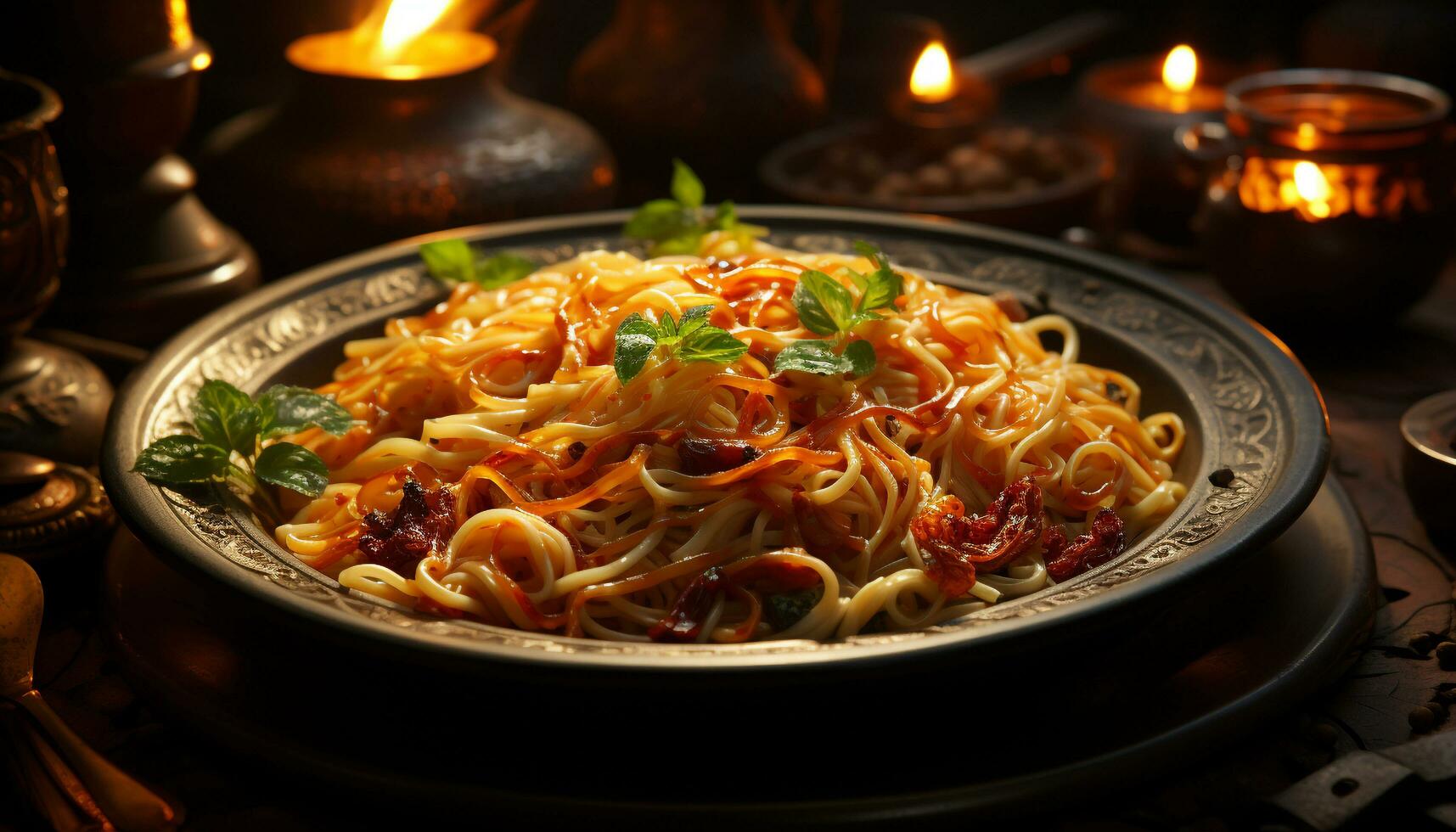 recién cocido pasta con Mariscos y vegetales en un plato generado por ai foto