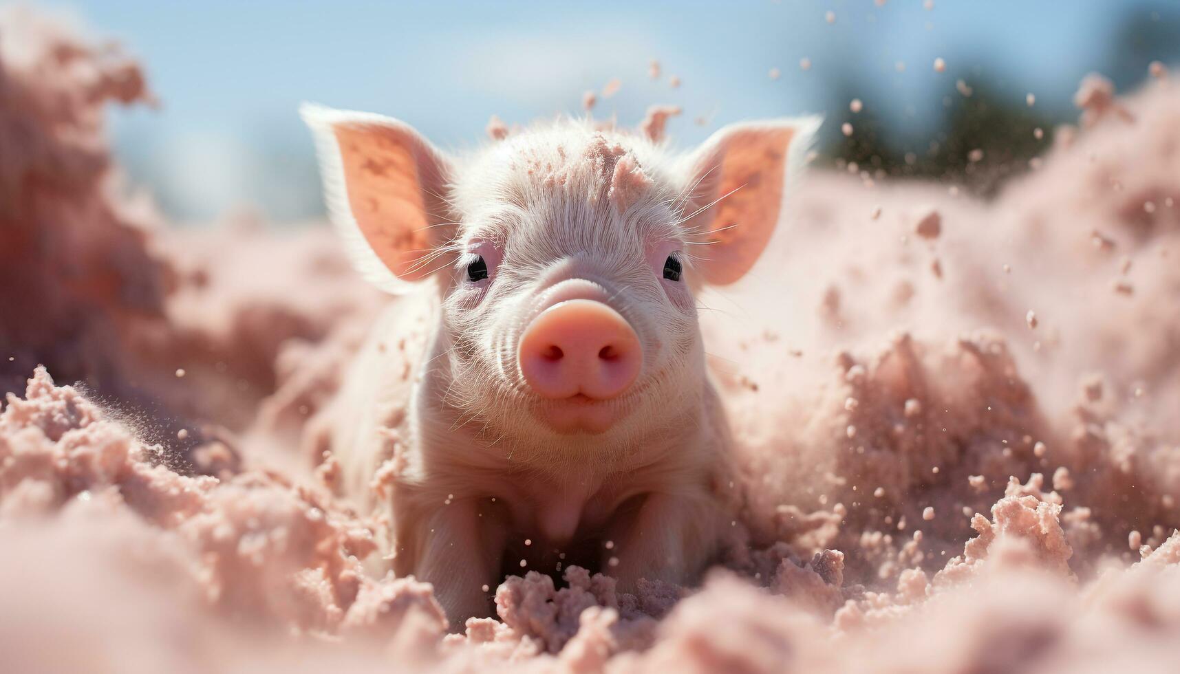 Cute piglet grazing on grass, looking at camera in meadow generated by AI photo