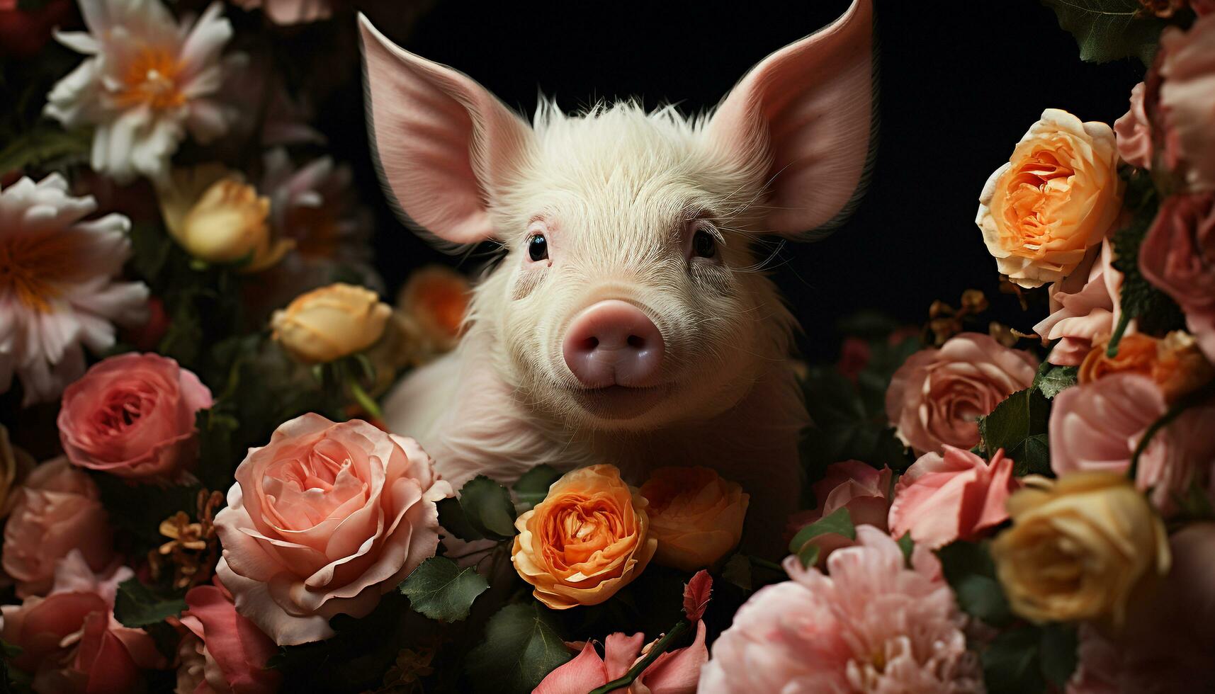 Cute piglet sniffs pink flower in nature beautiful farm generated by AI photo