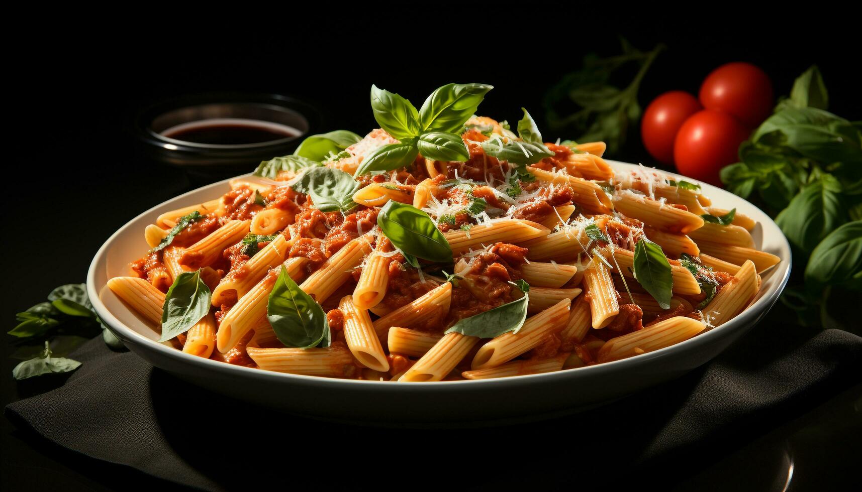 Fresco pasta con tomate salsa, hierbas, y parmesano queso generado por ai foto