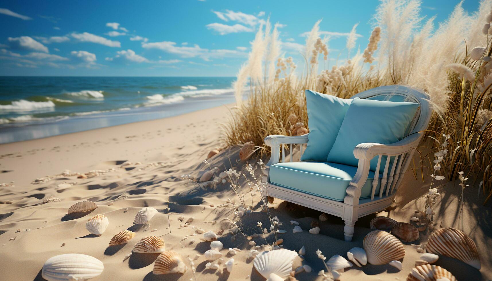 Tranquil summer coastline, blue water, sandy beach, relaxation in nature generated by AI photo