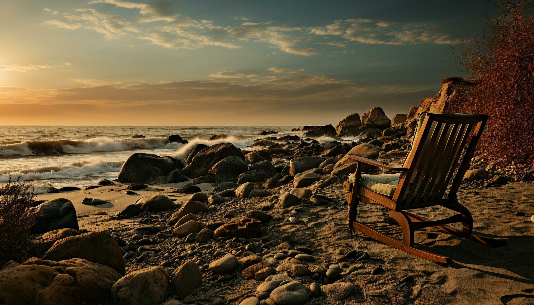 Tranquil scene sunset over water, sand, waves, and coastline generated by AI photo