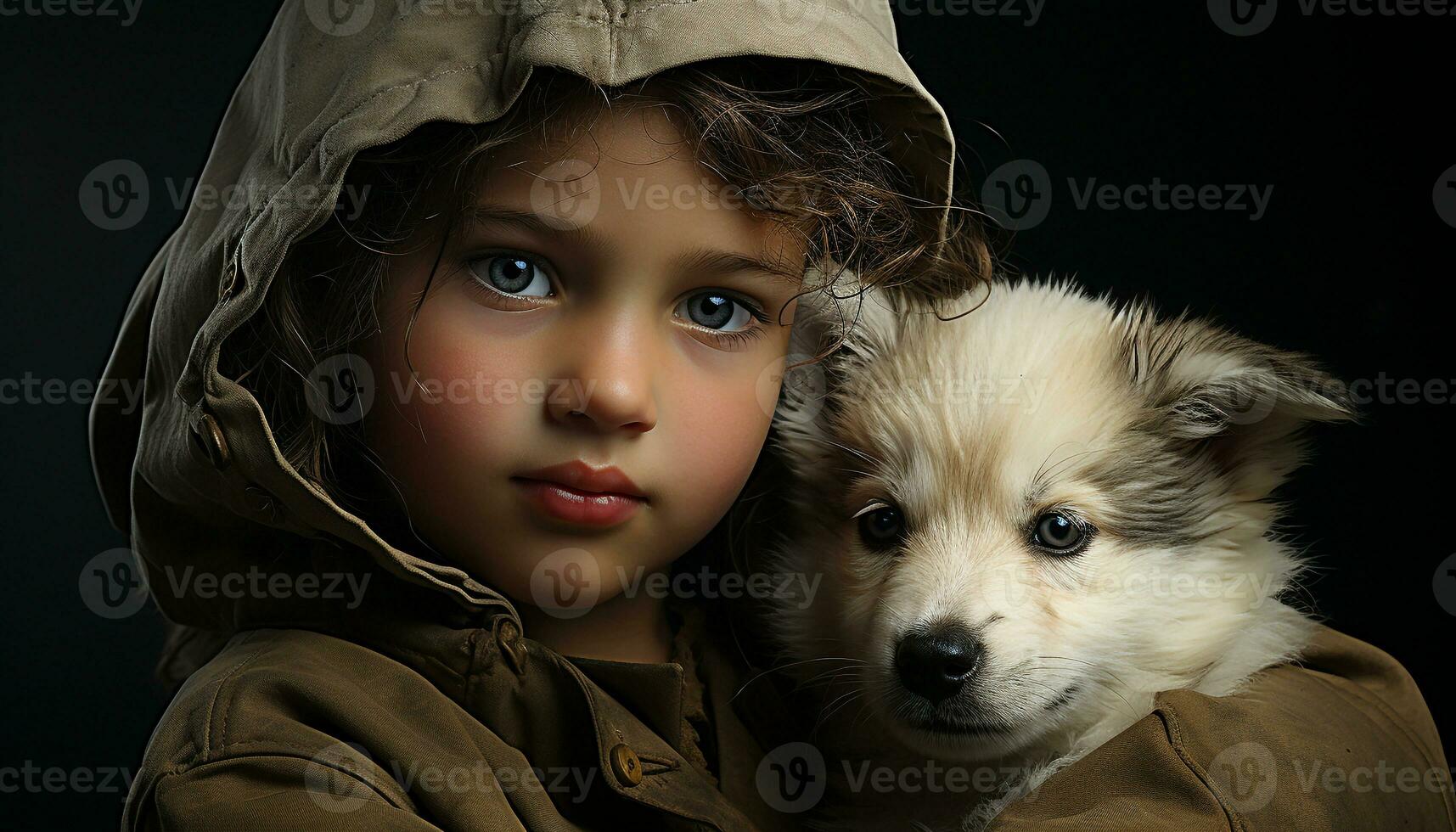 A cute puppy, a child, purebred dog, and friendship generated by AI photo