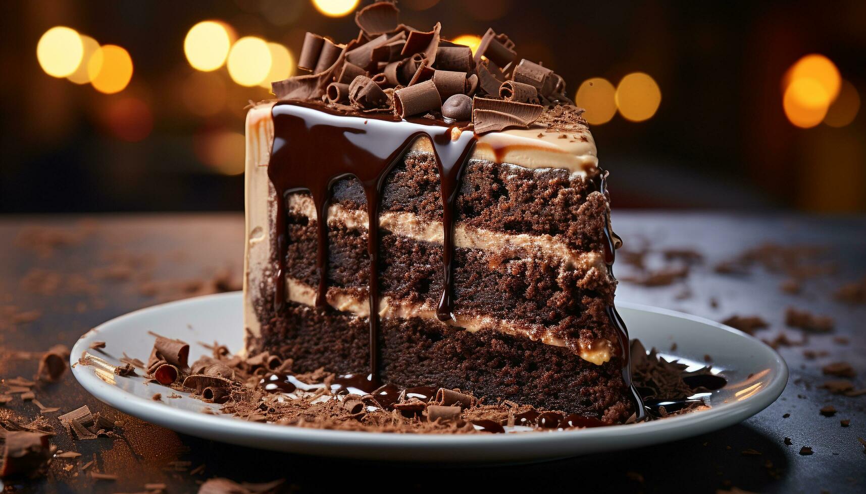 A slice of homemade chocolate cake on a plate generated by AI photo