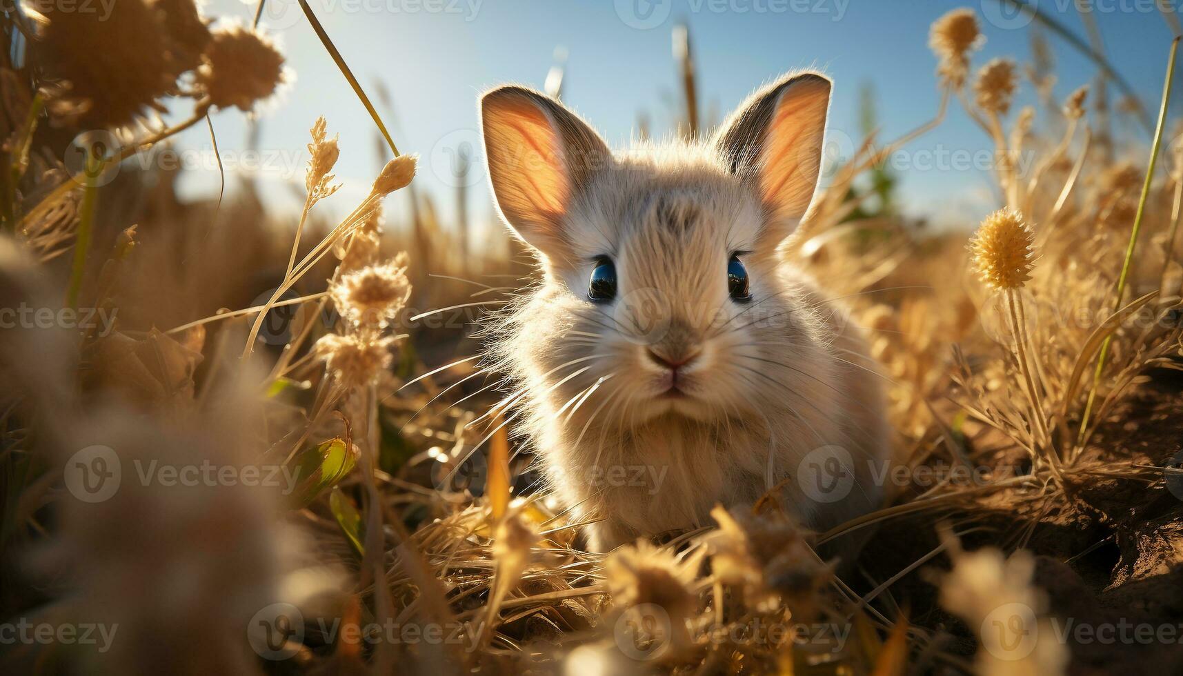 Cute fluffy rabbit sitting in green grass, enjoying nature generated by AI photo