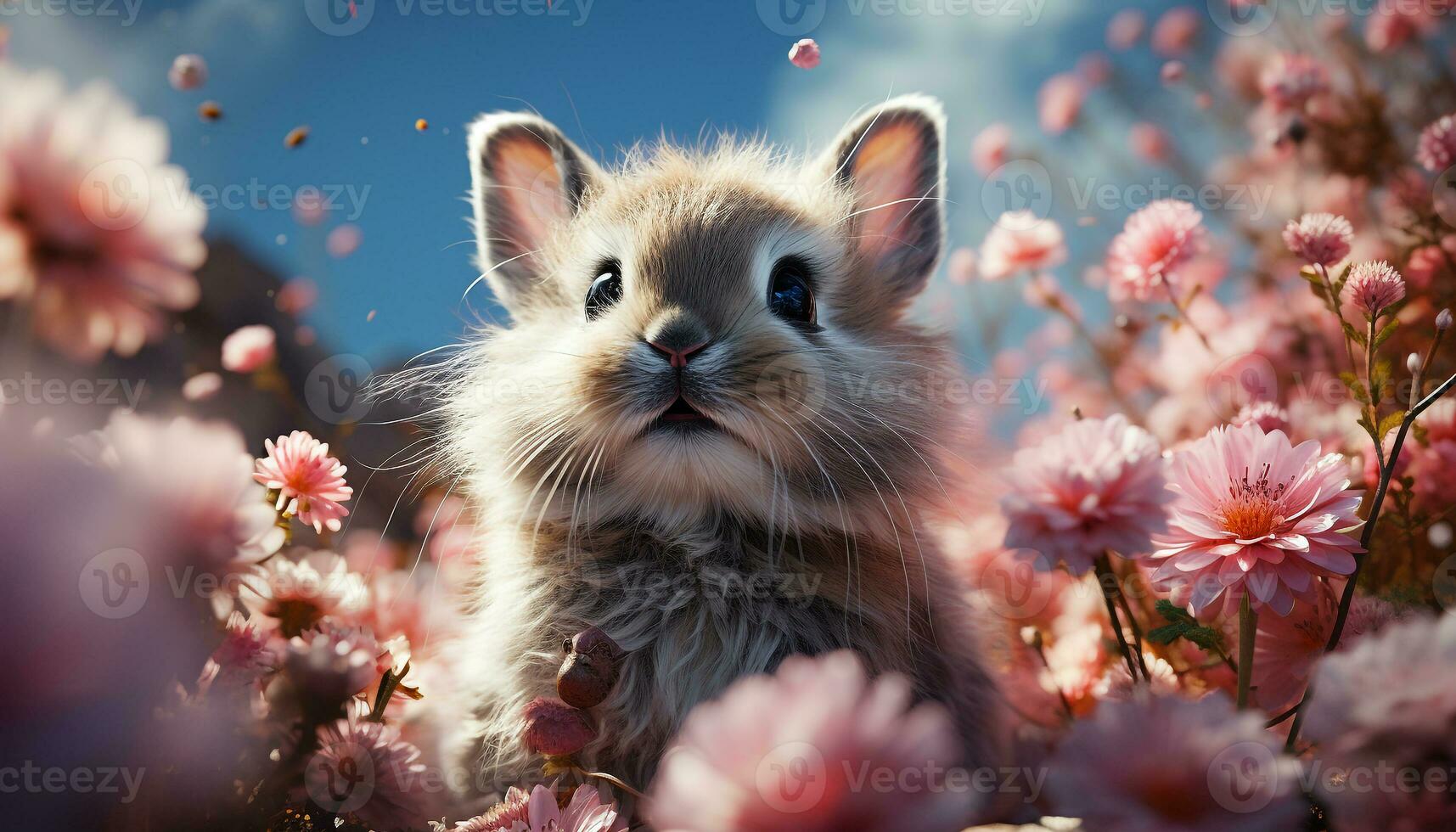 Cute small animal, fluffy rabbit, sitting in meadow generated by AI photo