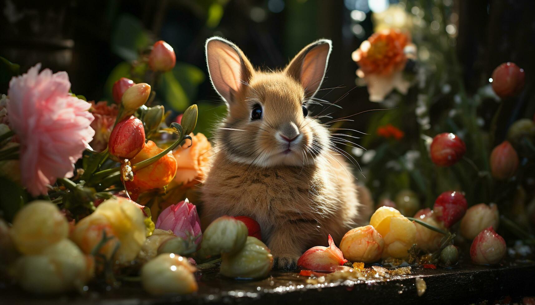 linda bebé Conejo sentado al aire libre, mullido y pequeño generado por ai foto