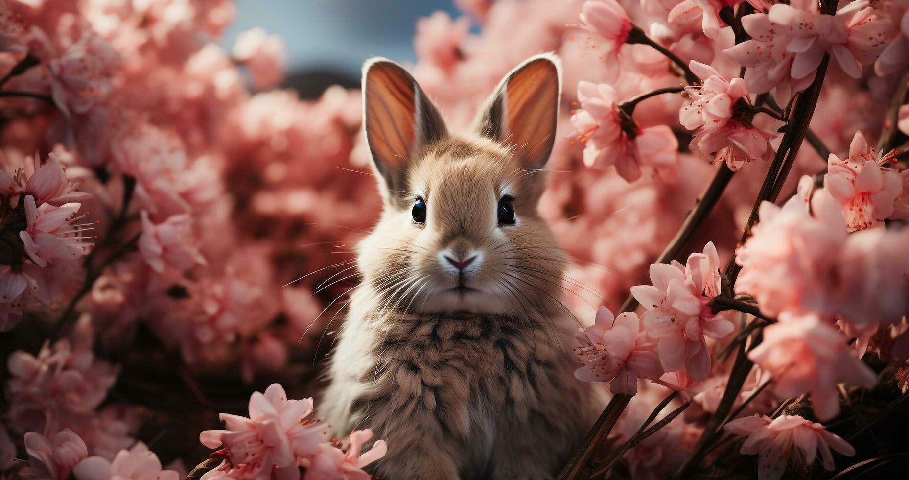 Cute fluffy rabbit sitting in springtime grass, surrounded by flowers generated by AI photo