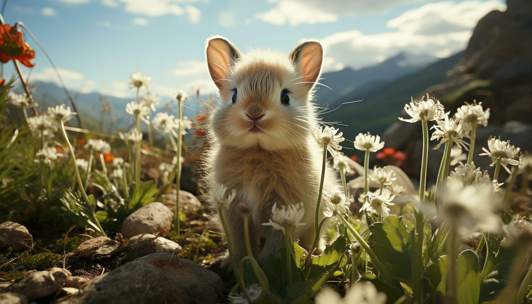 Cute fluffy kitten sitting in green meadow, surrounded by flowers generated by AI photo