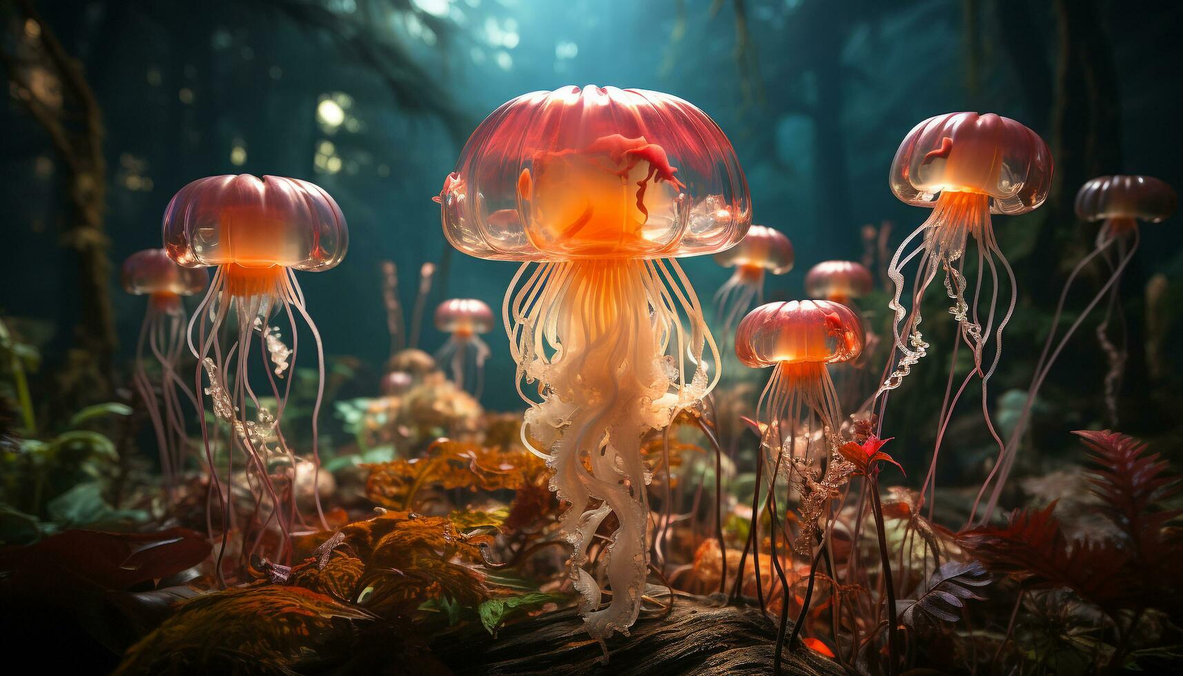 The multi colored fish swim in the glowing underwater beauty generated by AI photo