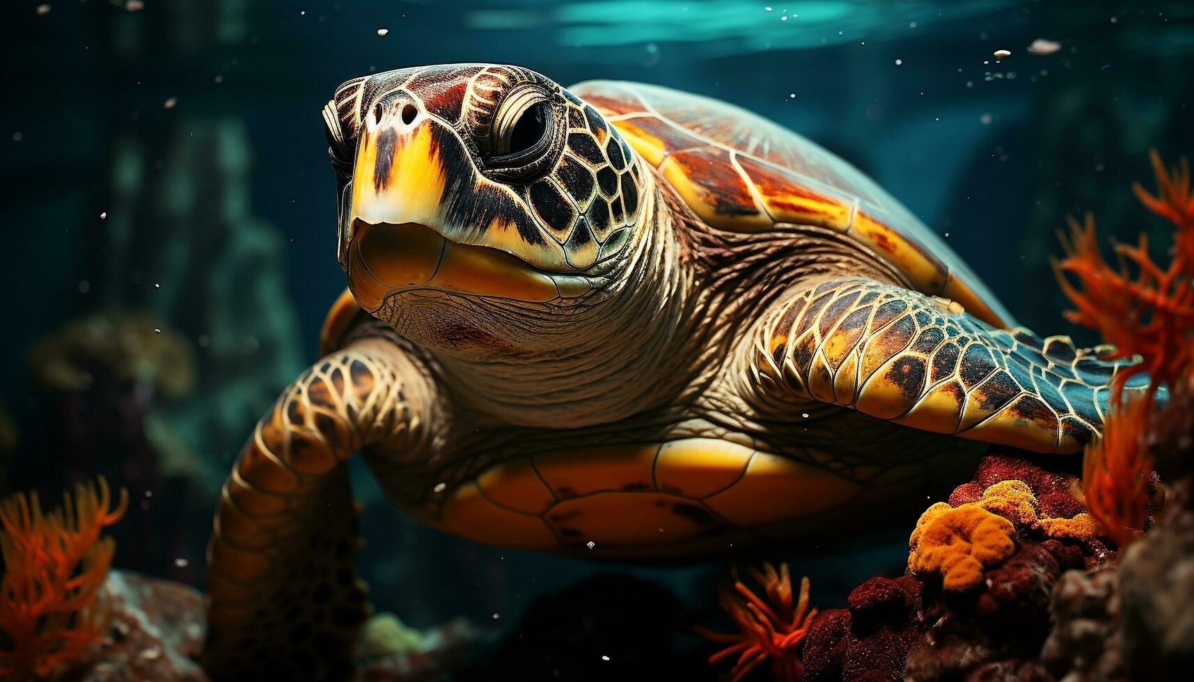 A beautiful sea turtle swimming in the colorful reef generated by AI photo