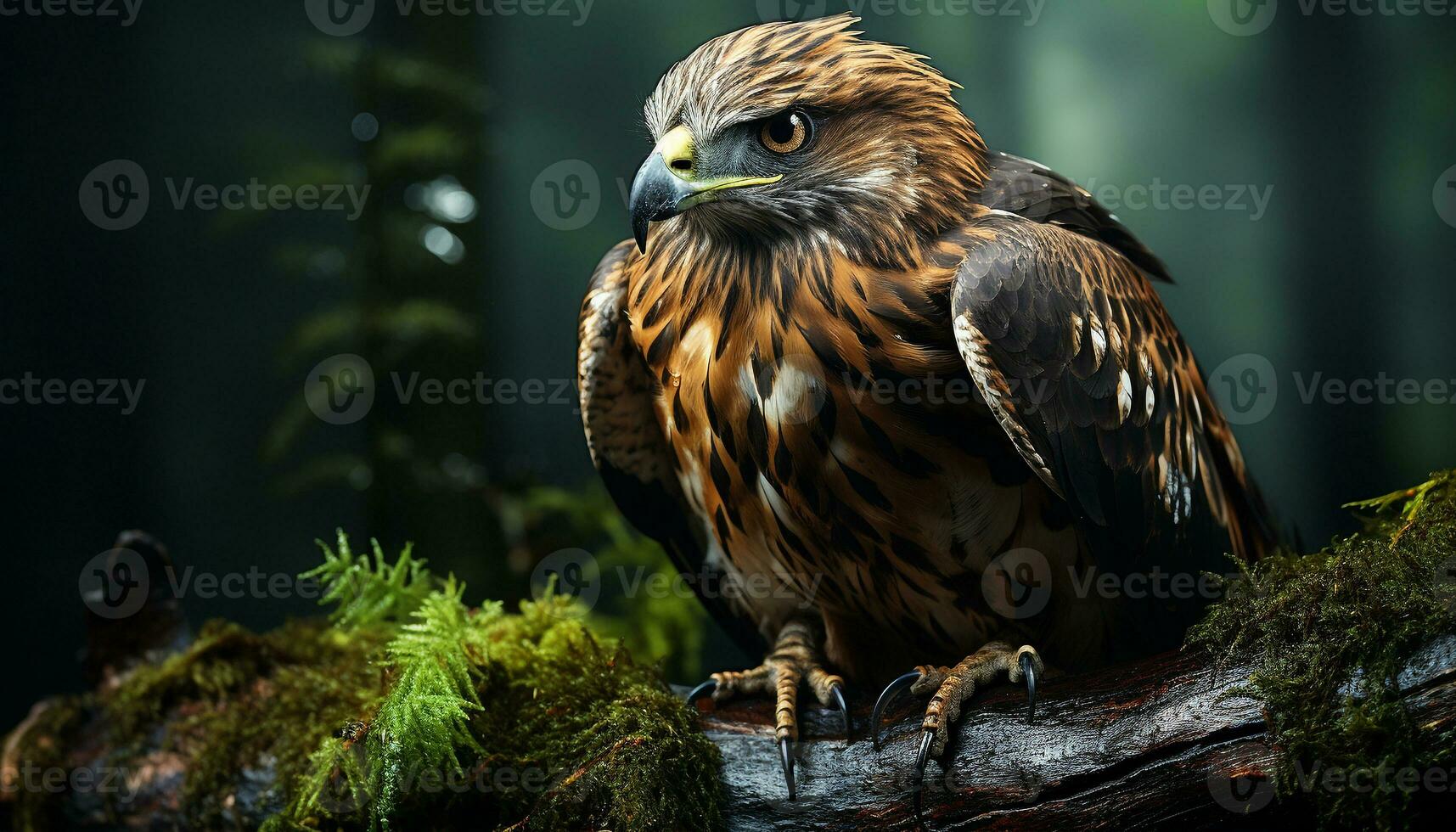 Majestic bird of prey perching on branch, looking at camera generated by AI photo