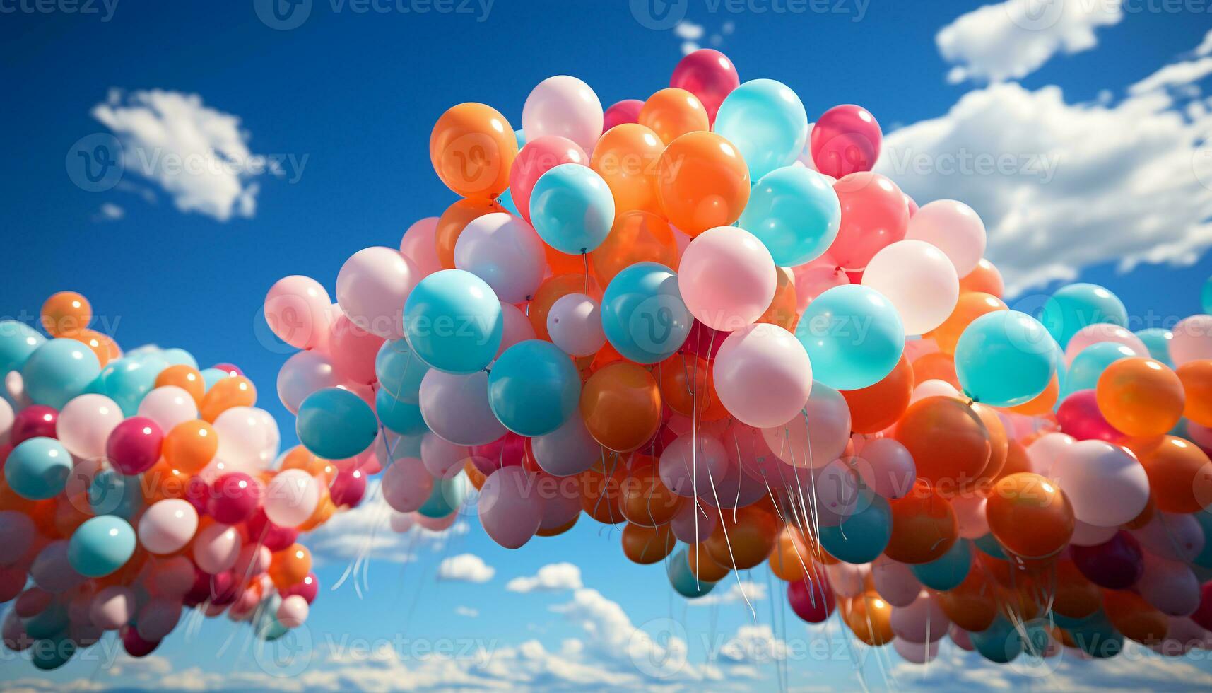 A colorful bunch of balloons flying in the sky generated by AI photo