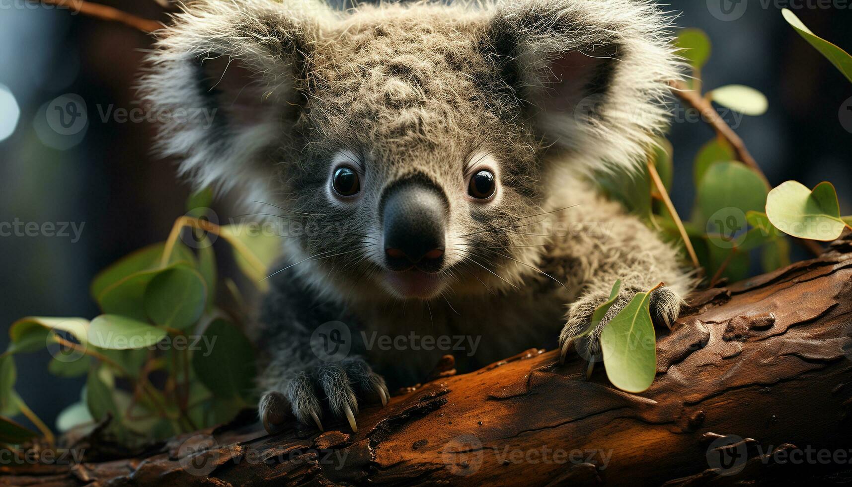 Cute koala sitting on branch, looking at camera generated by AI photo