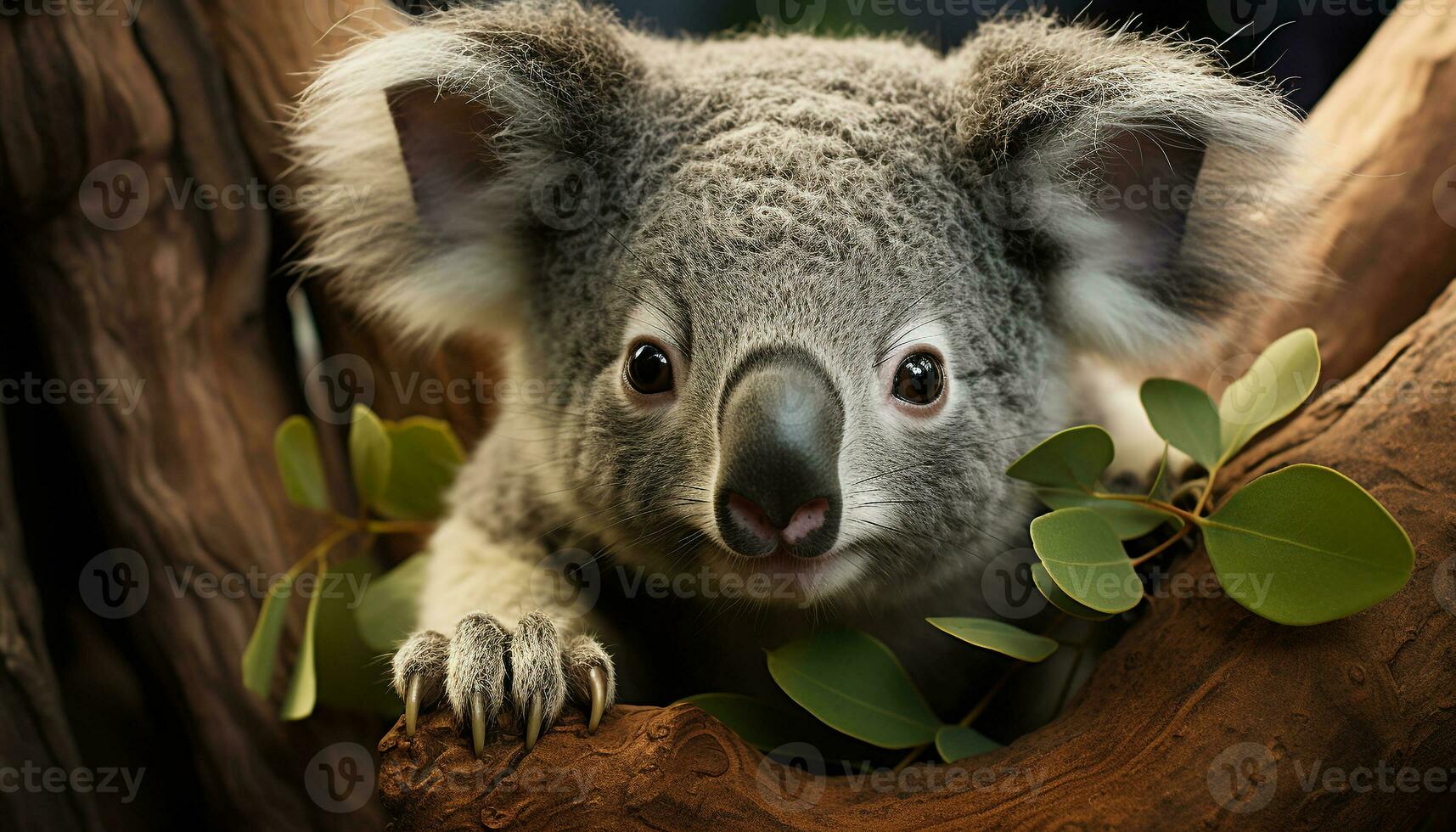 Cute koala sitting on branch, looking at camera generated by AI photo