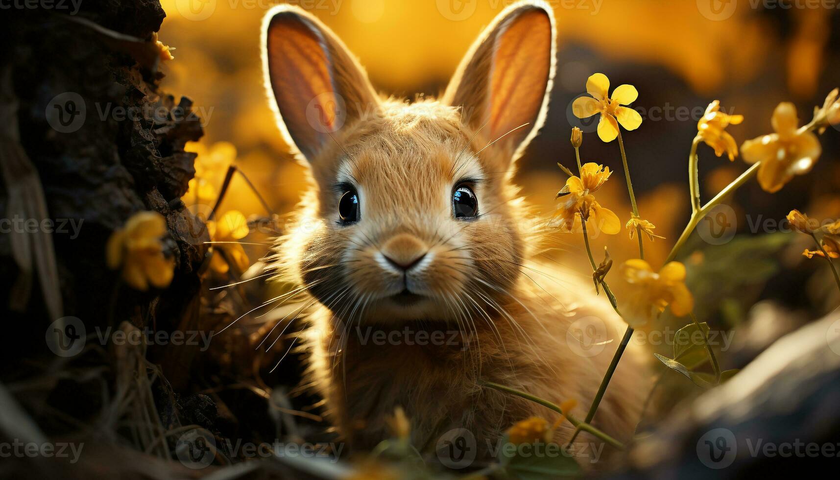 Fluffy baby rabbit sitting in green meadow, enjoying spring generated by AI photo