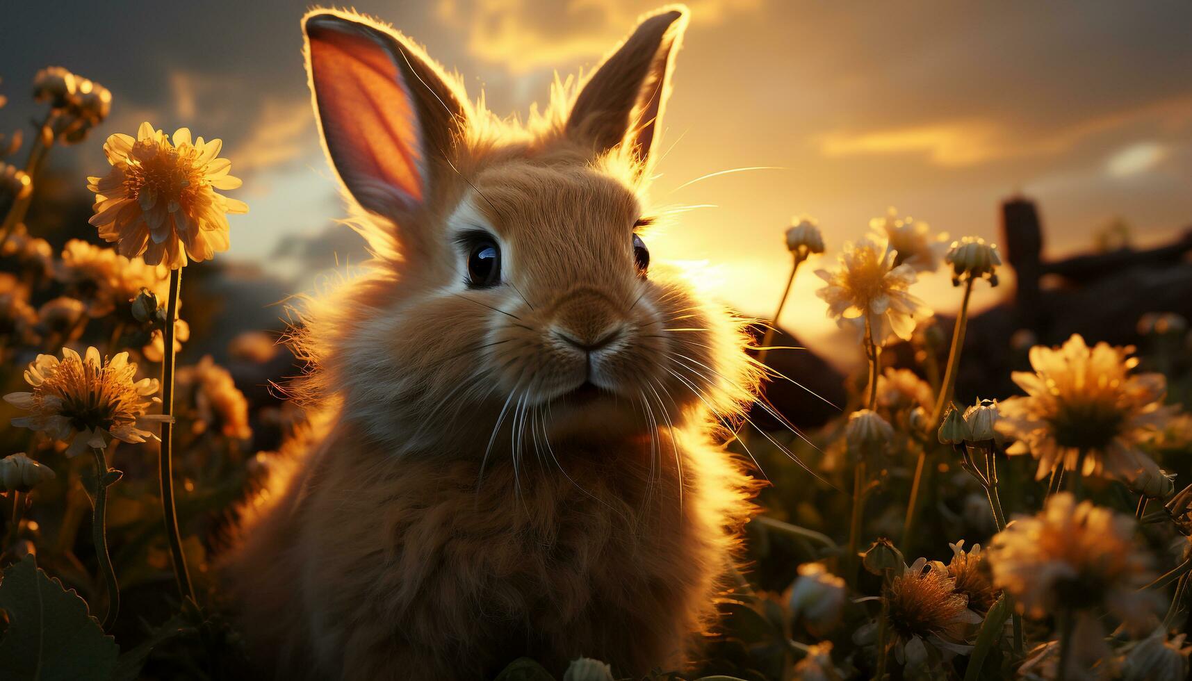 Cute rabbit sitting in meadow, looking at sunset generated by AI photo