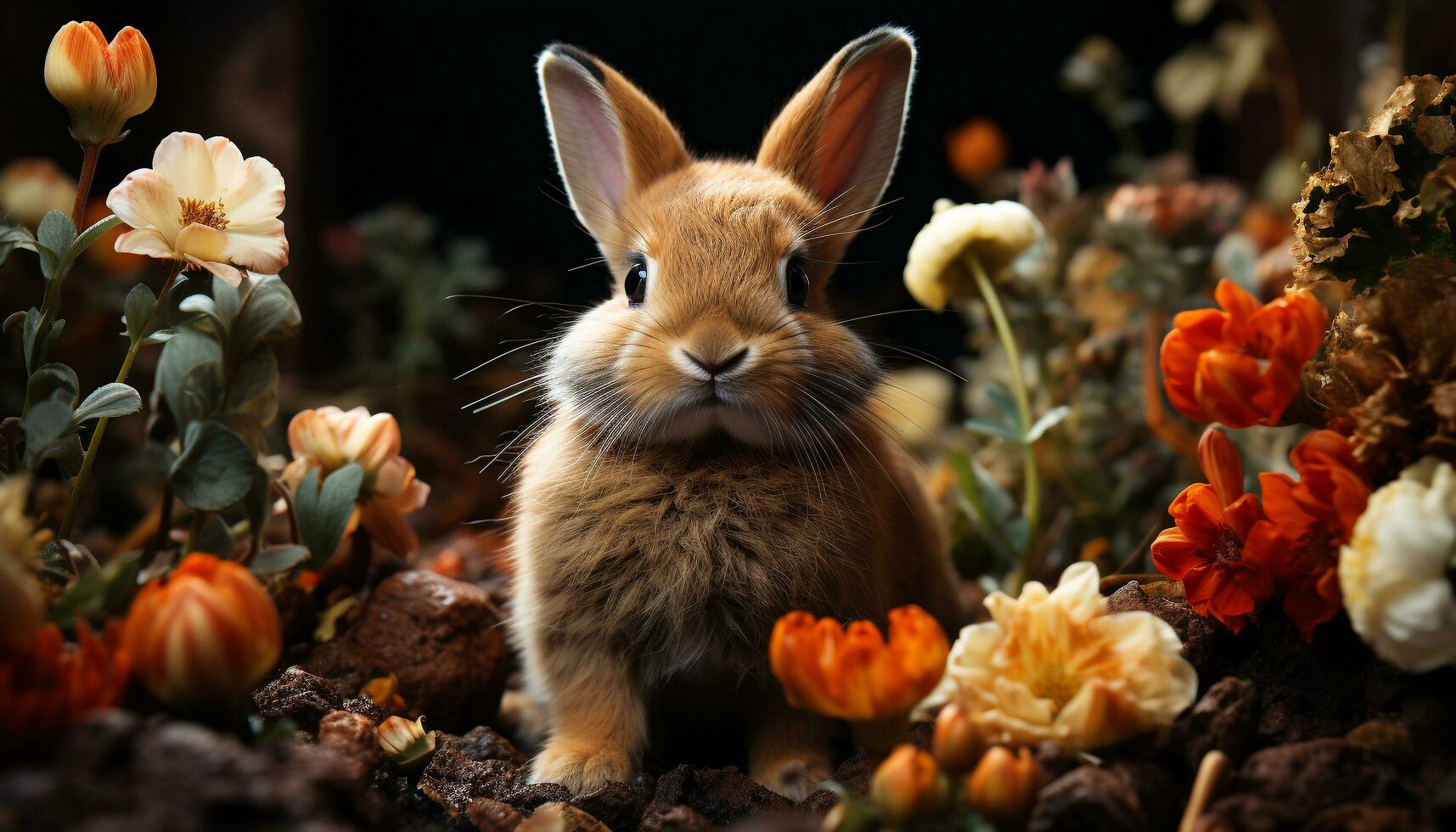 Cute baby rabbit sitting on grass, looking at camera generated by AI photo