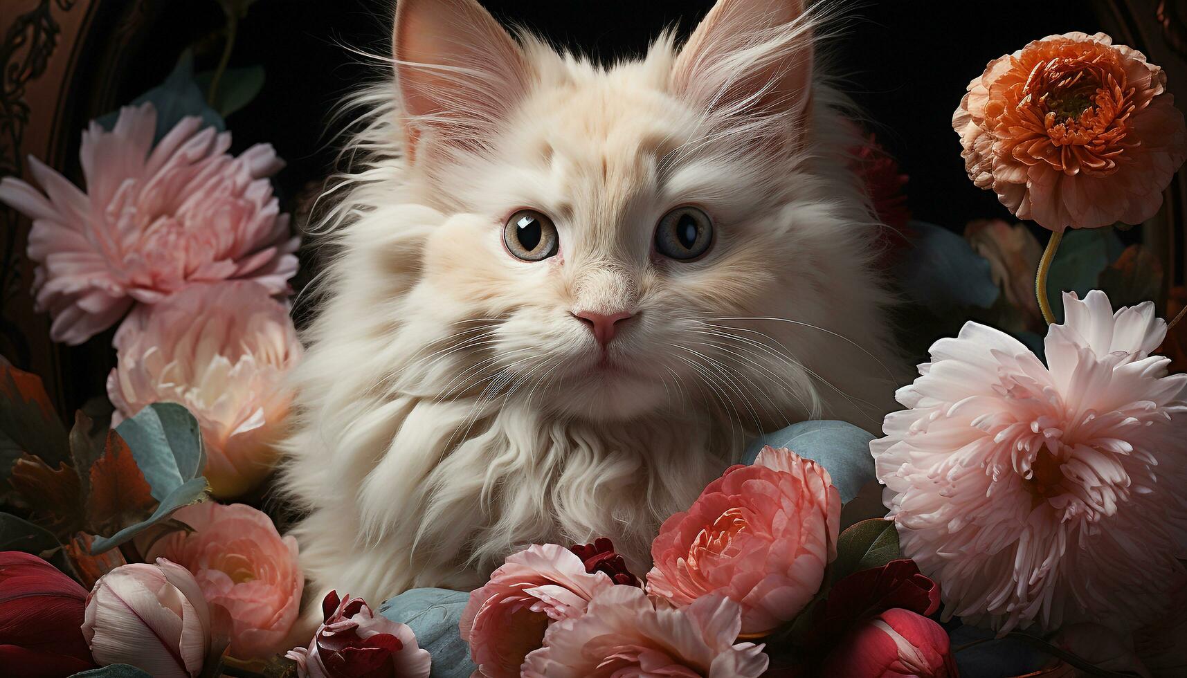 Cute kitten sitting, looking at flower, playful puppy outdoors generated by AI photo