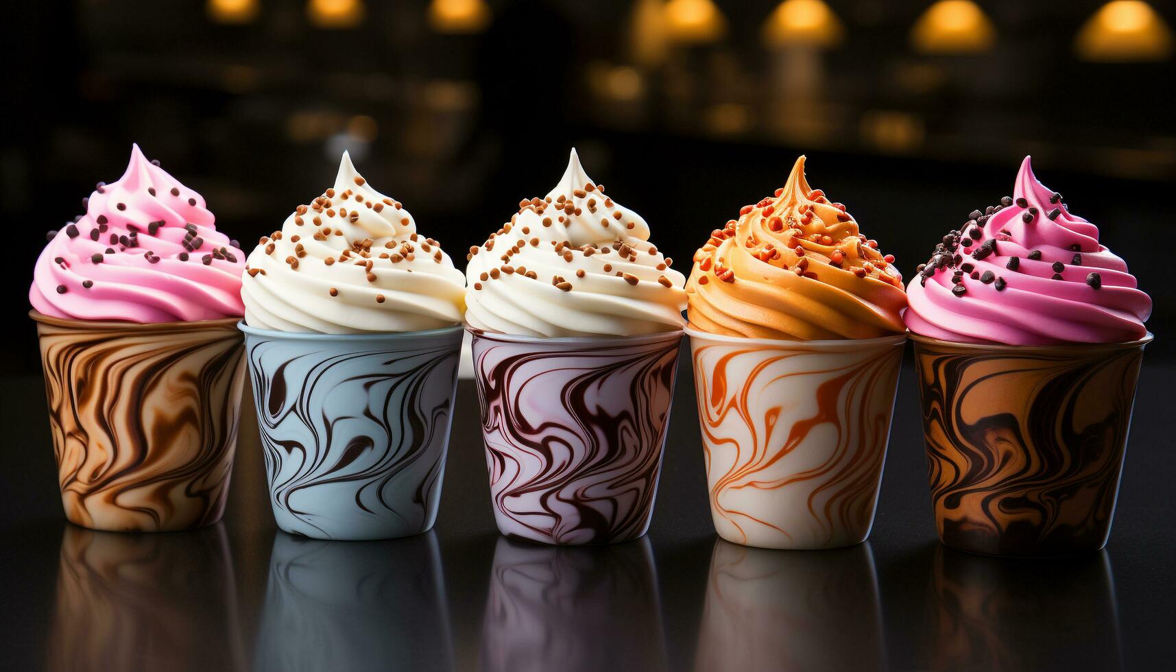 Gourmet dessert chocolate cream, colorful cupcakes, strawberry ice cream generated by AI photo