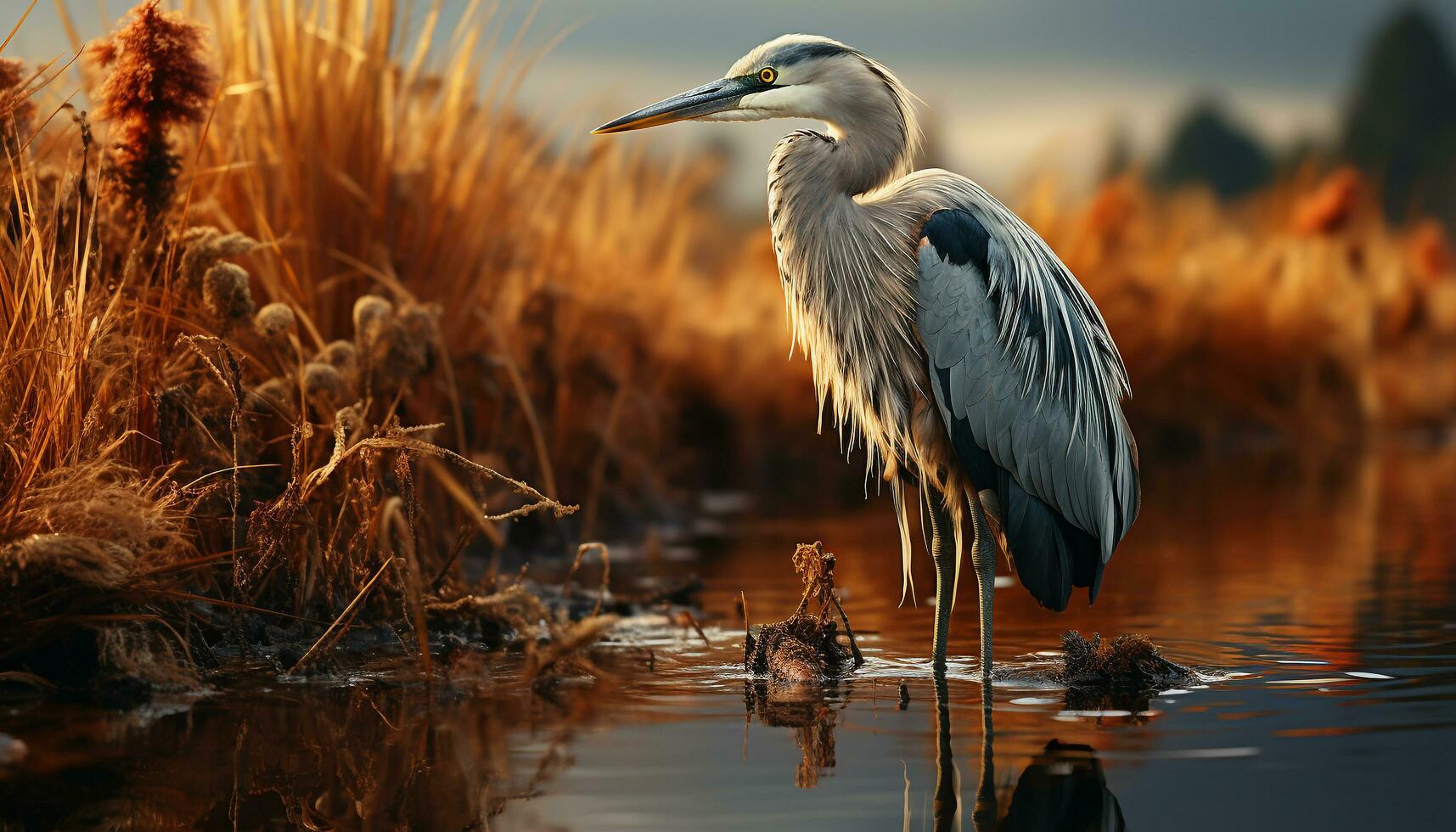 Egret standing in water, sunset reflects natural beauty generated by AI photo