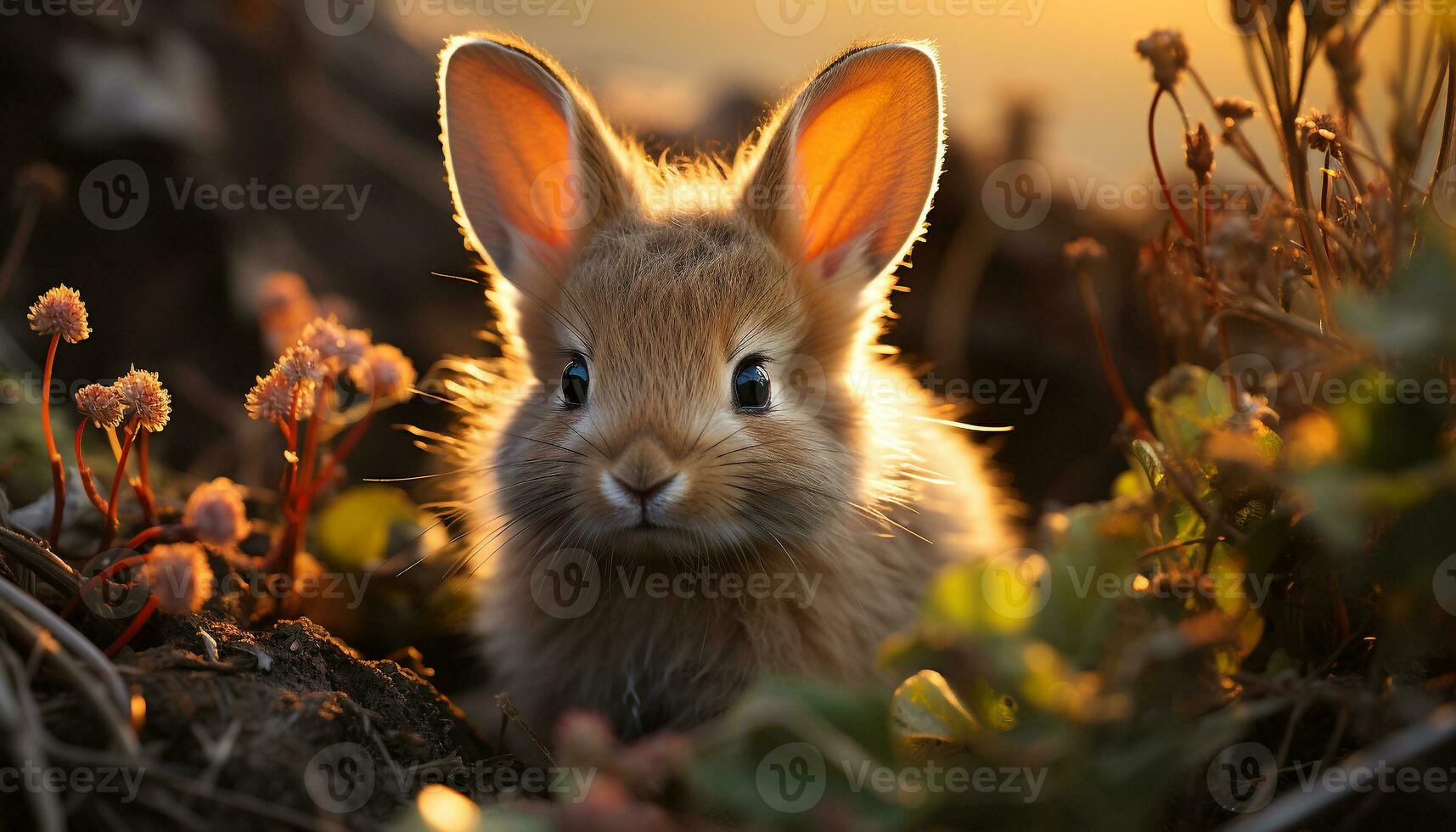 mullido bebé Conejo sentado en verde césped, disfrutando naturaleza generado por ai foto