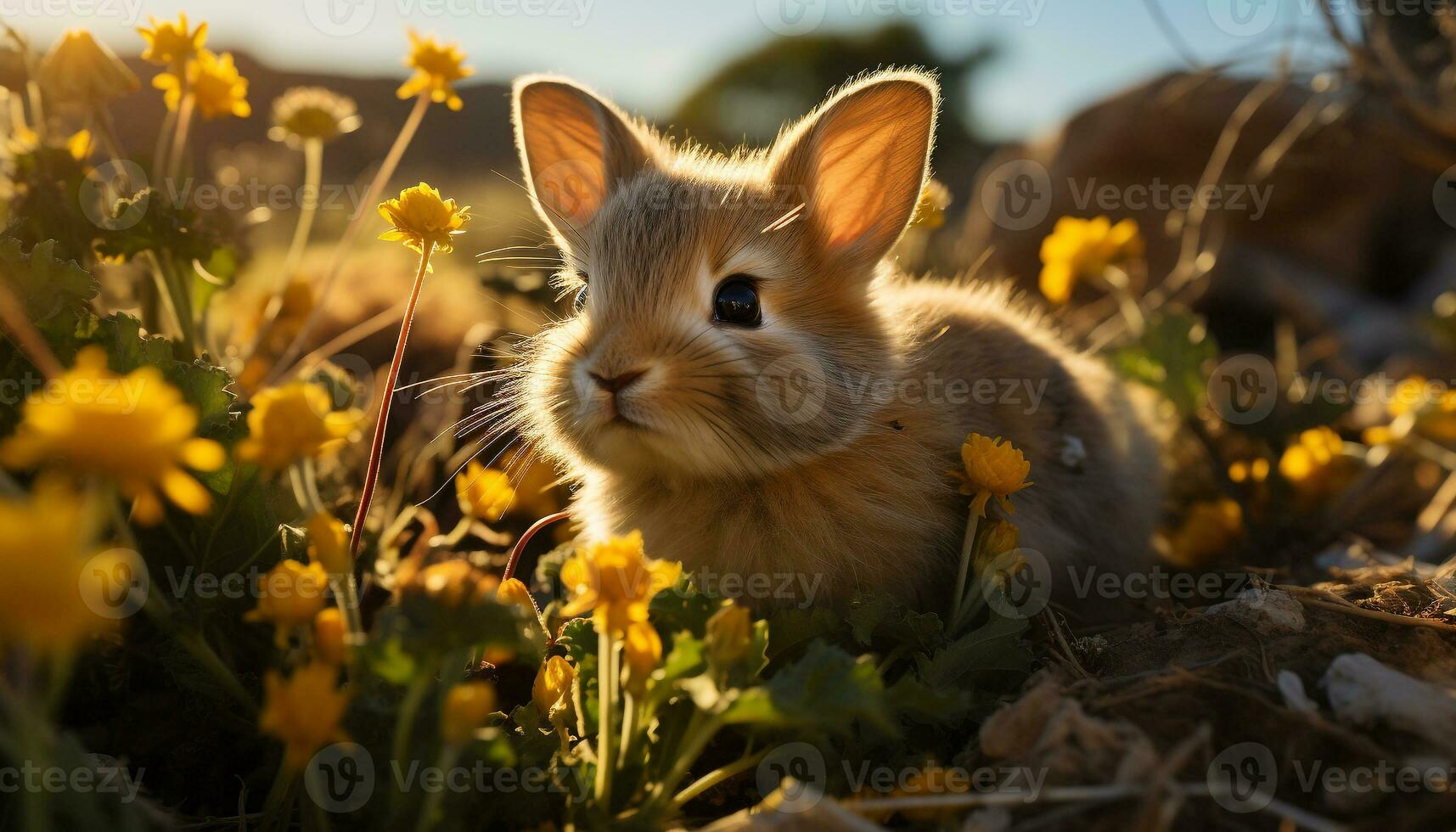 Cute fluffy rabbit sitting in green meadow, enjoying springtime generated by AI photo