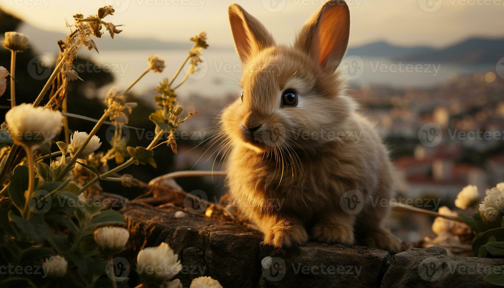 Cute baby rabbit sitting on grass, fluffy and small generated by AI photo