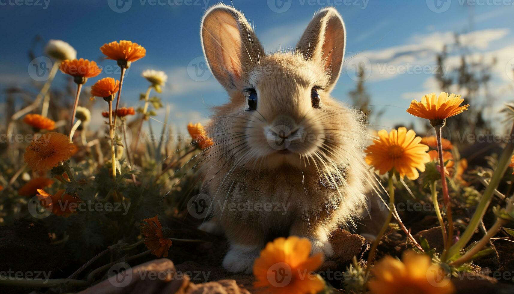 linda Conejo sentado en prado, rodeado por amarillo flores generado por ai foto