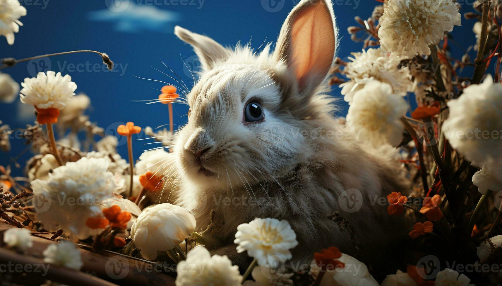linda bebé Conejo se sienta en césped, rodeado por flores generado por ai foto