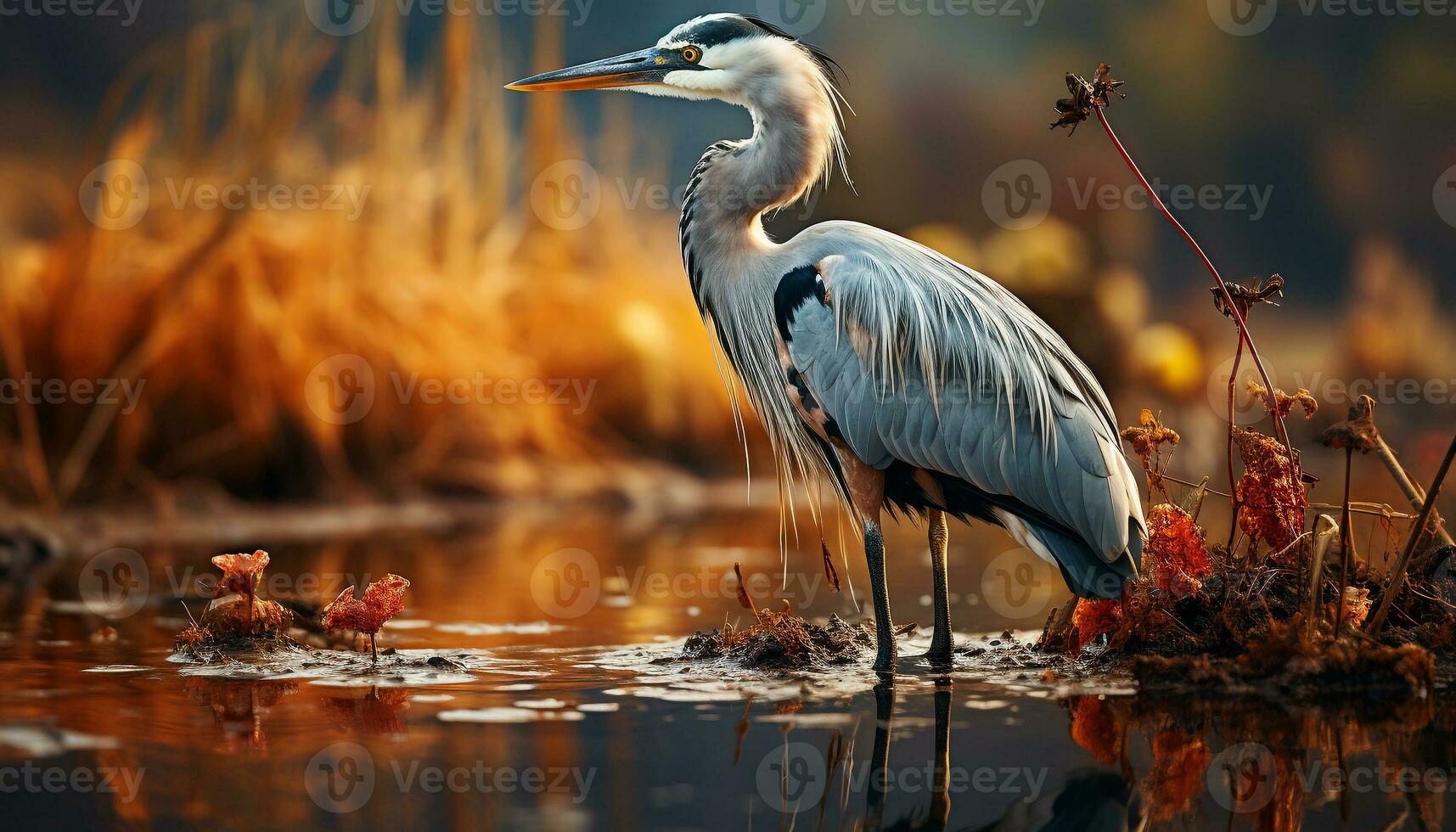 Egret standing, fishing in tranquil pond, nature beauty generated by AI photo