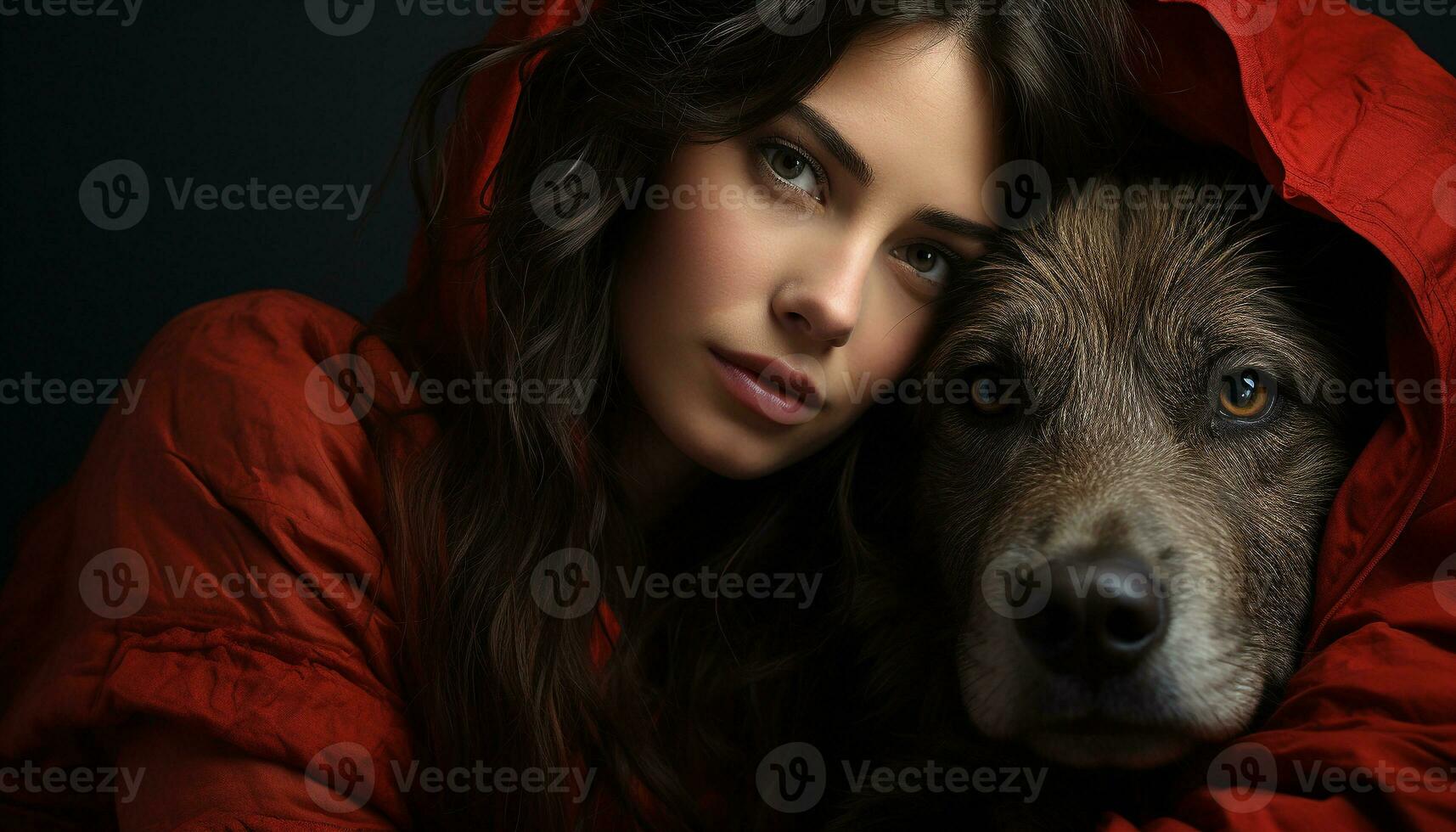 A beautiful young woman embraces her cute dog generated by AI photo